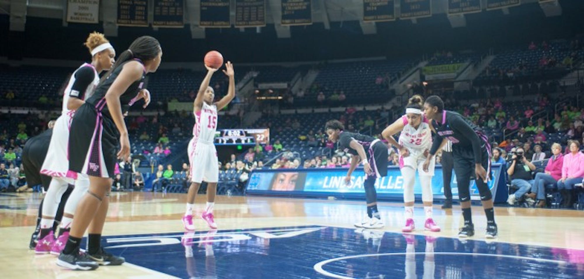 Irish sophomore Lindsay Allen attempts a free throw against Wake Forest on Feb. 1. Notre Dame has beaten their last five conference opponents by an average score of 29 points.