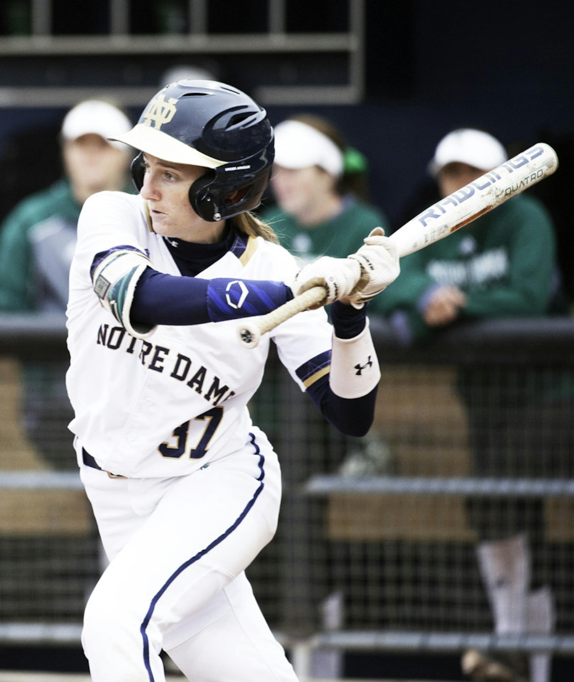 Irish sophomore outfielder Ali Wester swings at a pitch during Notre Dame’s 1-0 win over Eastern Michigan on March 29 at Melissa Cook Stadium.
