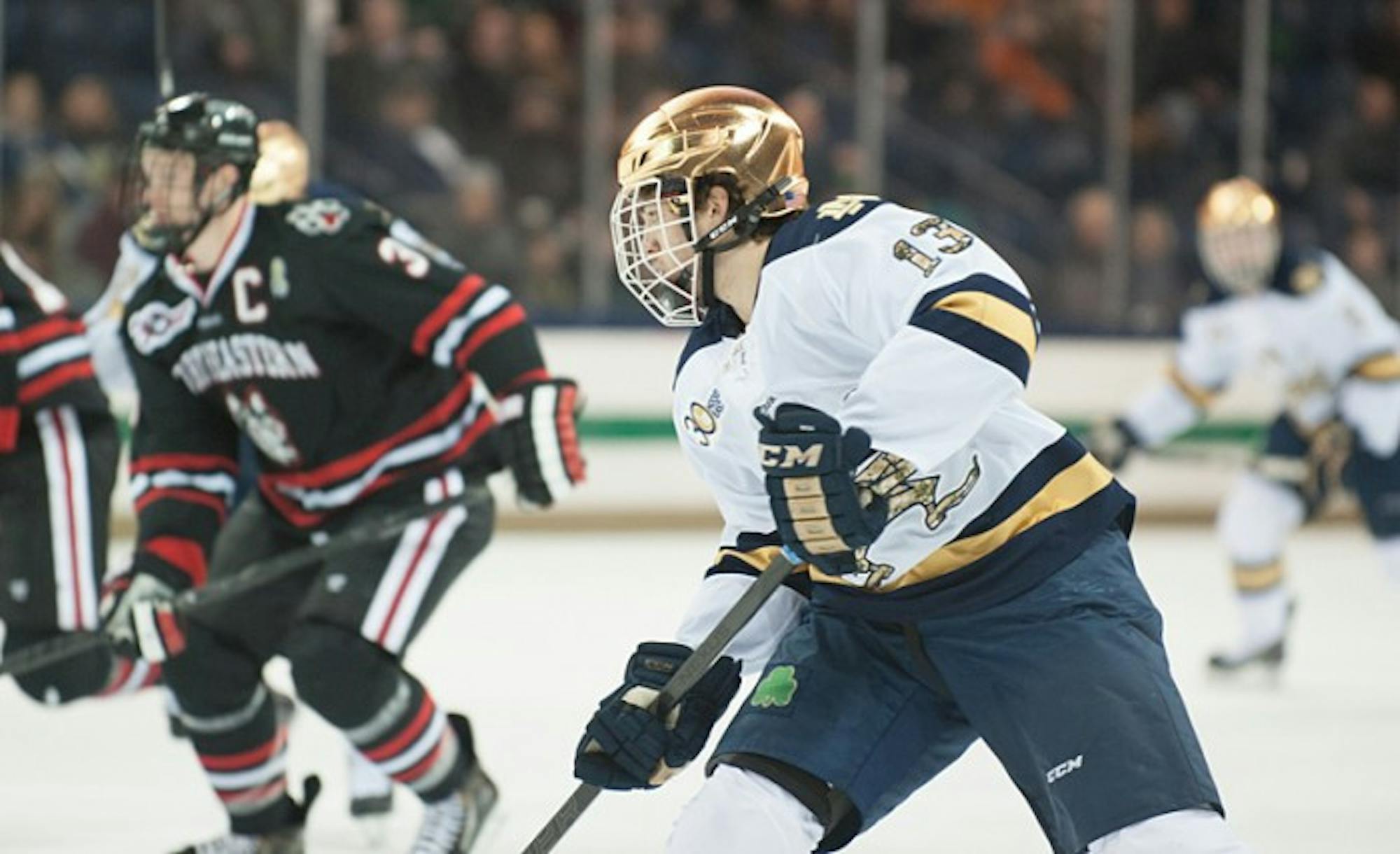 Freshman center Vince Hinostroza skates ahead against Northeastern in Notre Dame's 4-0 loss Friday.