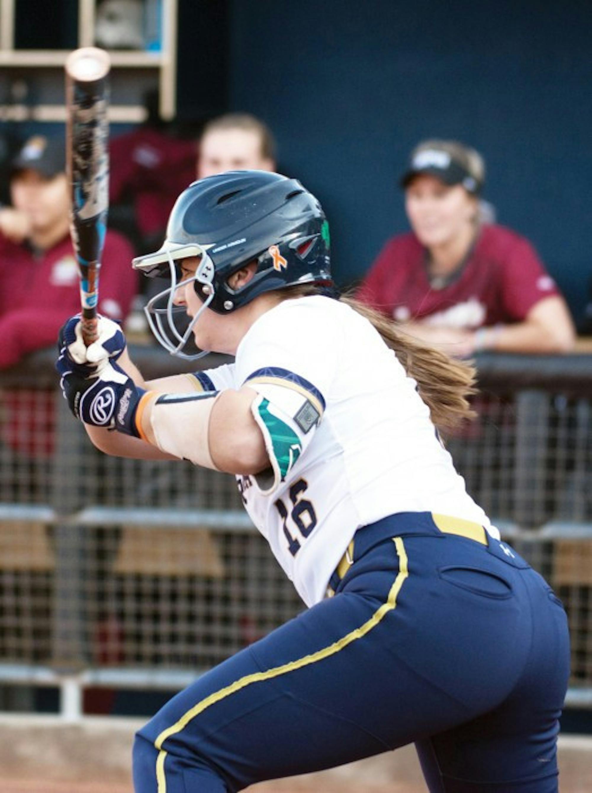 Irish sophomore infielder Caitlyn Brooks knocks a base hit during Notre Dame’s 13-4 win over IUPI on April 12.