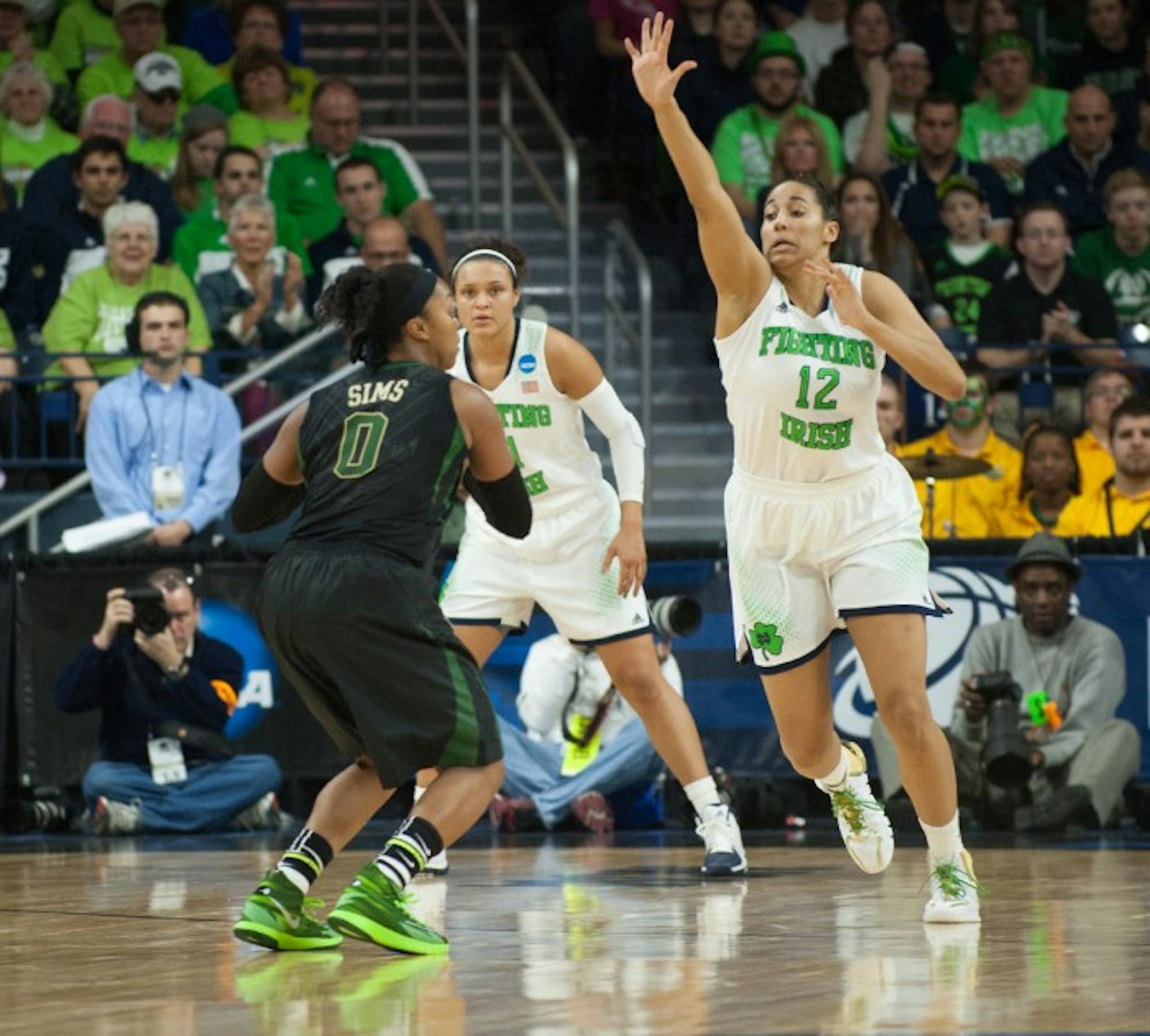 Irish sophomore Taya Reimer goes for the block during Notre Dame’s 88-69 victory over Baylor on March 31.