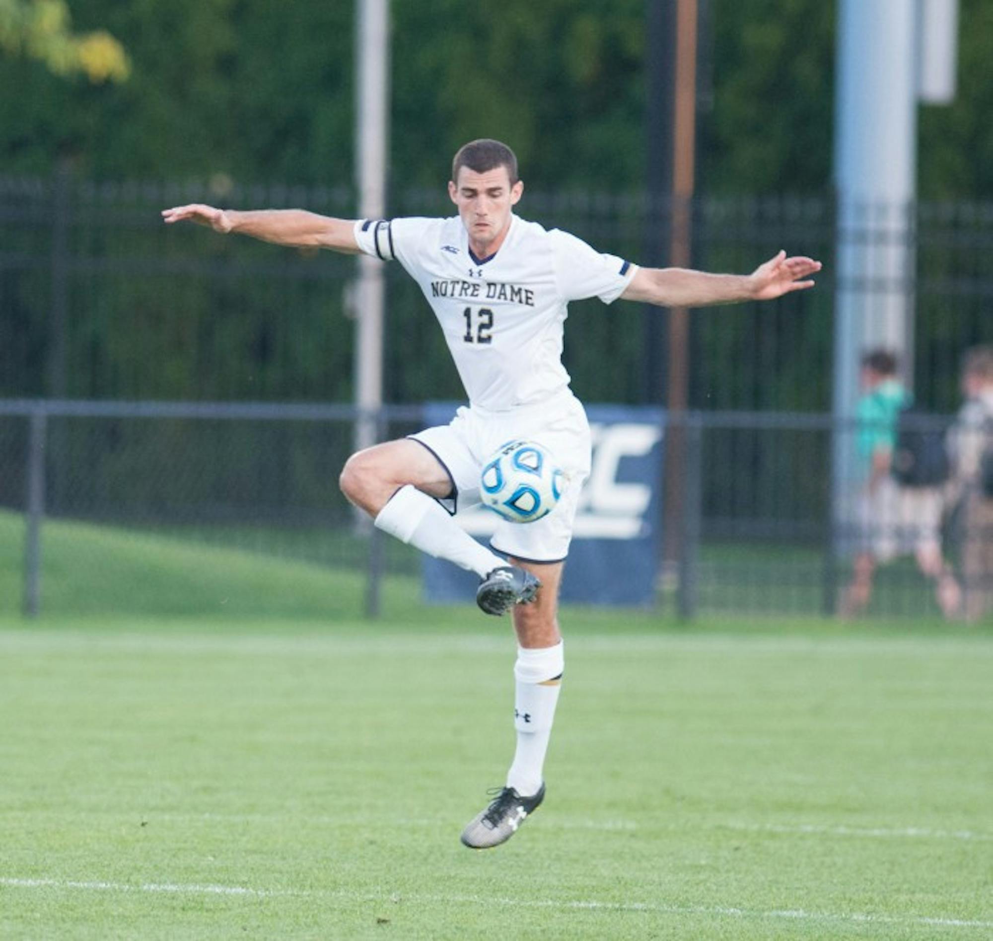 Irish graduate student defender and captain Andrew O’Malley controls the ball during Notre Dame’s 1-0 loss to Kentucky.