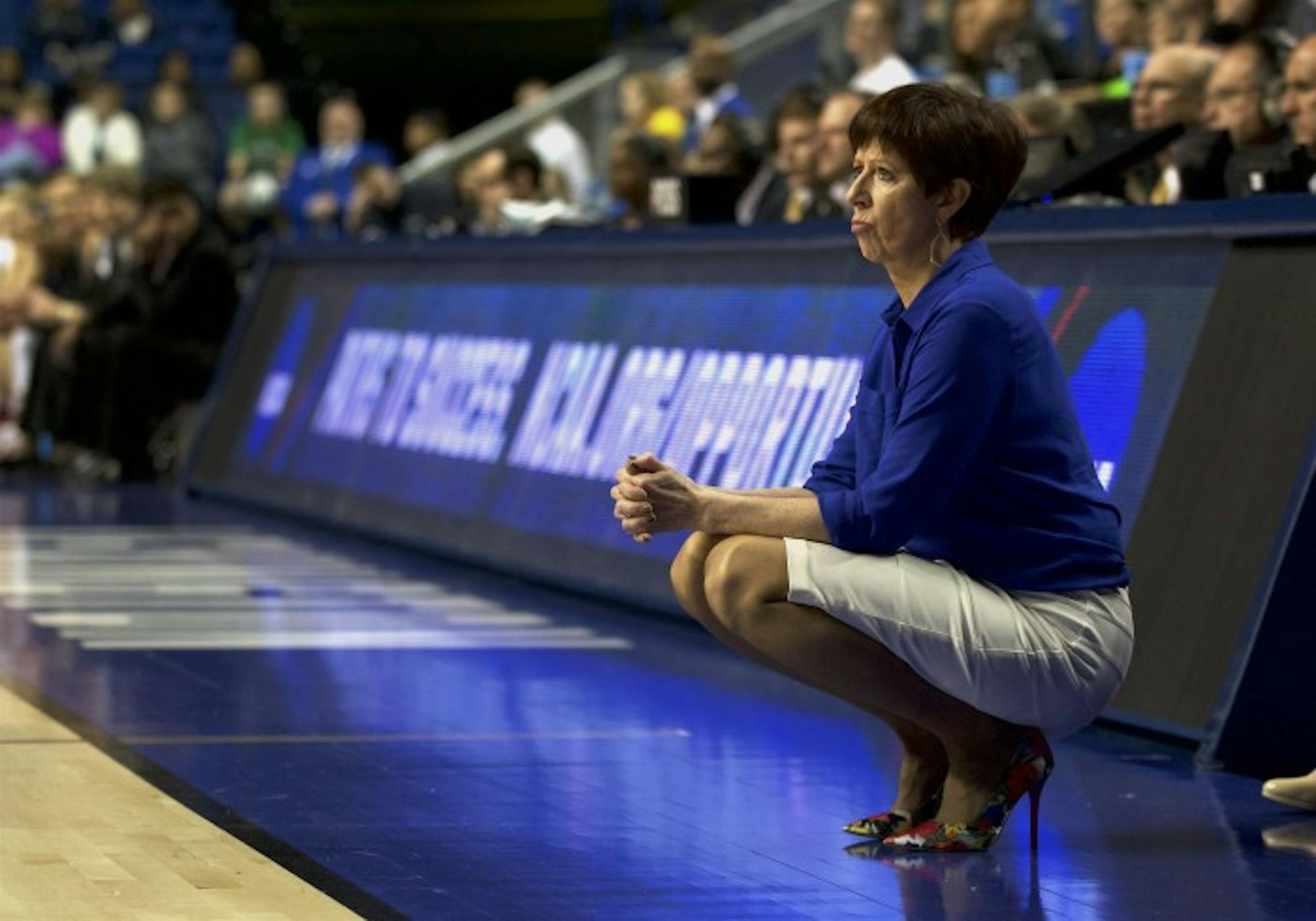 Irish head coach Muffet McGraw surveys the court during Notre Dame's 90-84 loss to Stanford in the NCAA tournament Friday night in Lexington, Kentucky.