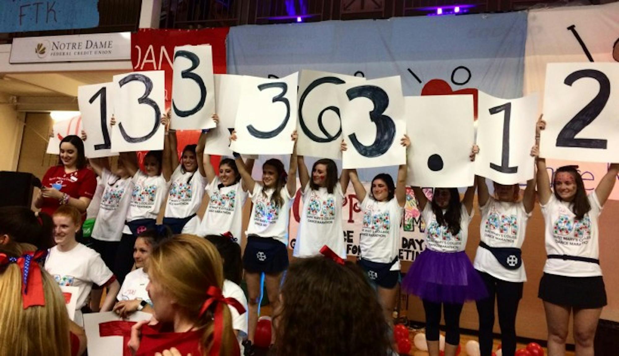 The fundraising committee announces the total amount of money this year's Dance Marathon raised at the end of this year's event, which took place in the Pfeil Center at Holy Cross College on Saturday.