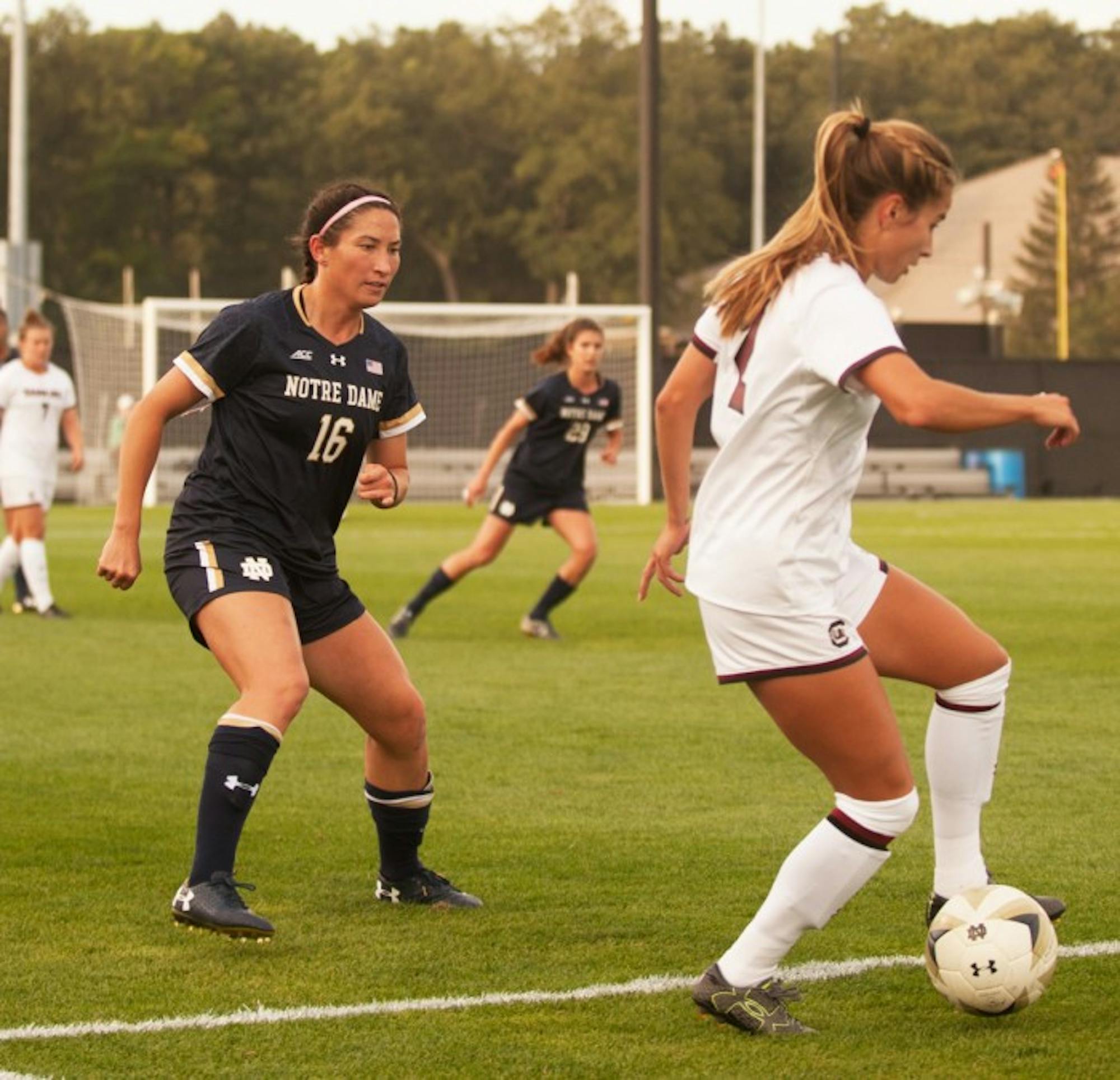 Graduate student and midfielder Sandra Yu defends her half during Notre Dame's 1-0 loss to South Carolina on Sept. 1.