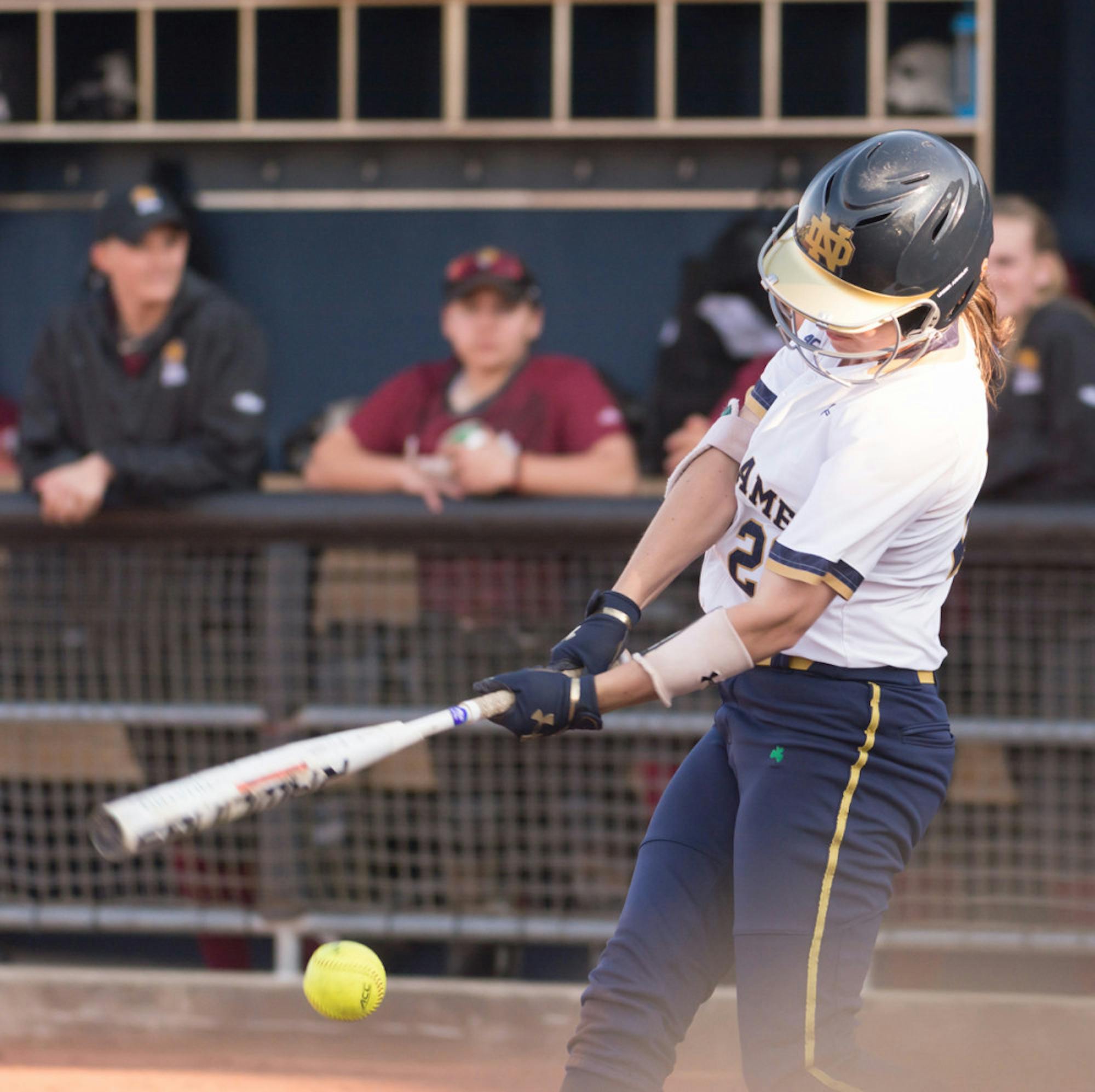 Irish junior Morgan Reed follows through on a swing during Notre Dame’s 13-4 win over IUPUI on Apr. 12 at Melissa Cook Stadium.