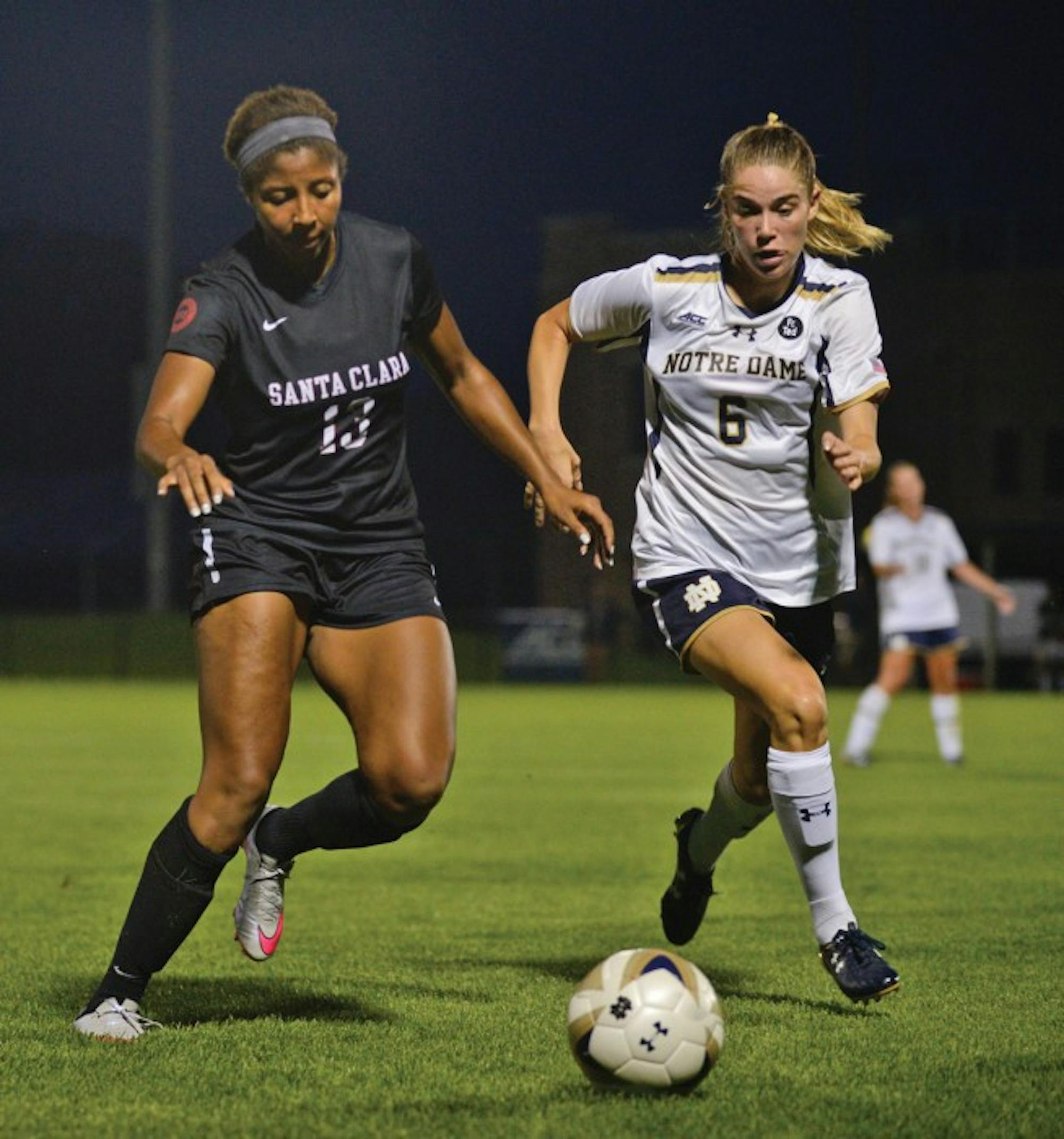 Senior forward Anna Maria Gilbertson fights for a loose ball in Notre  Dame’s 2-1 victory against Santa Clara on Aug. 28.