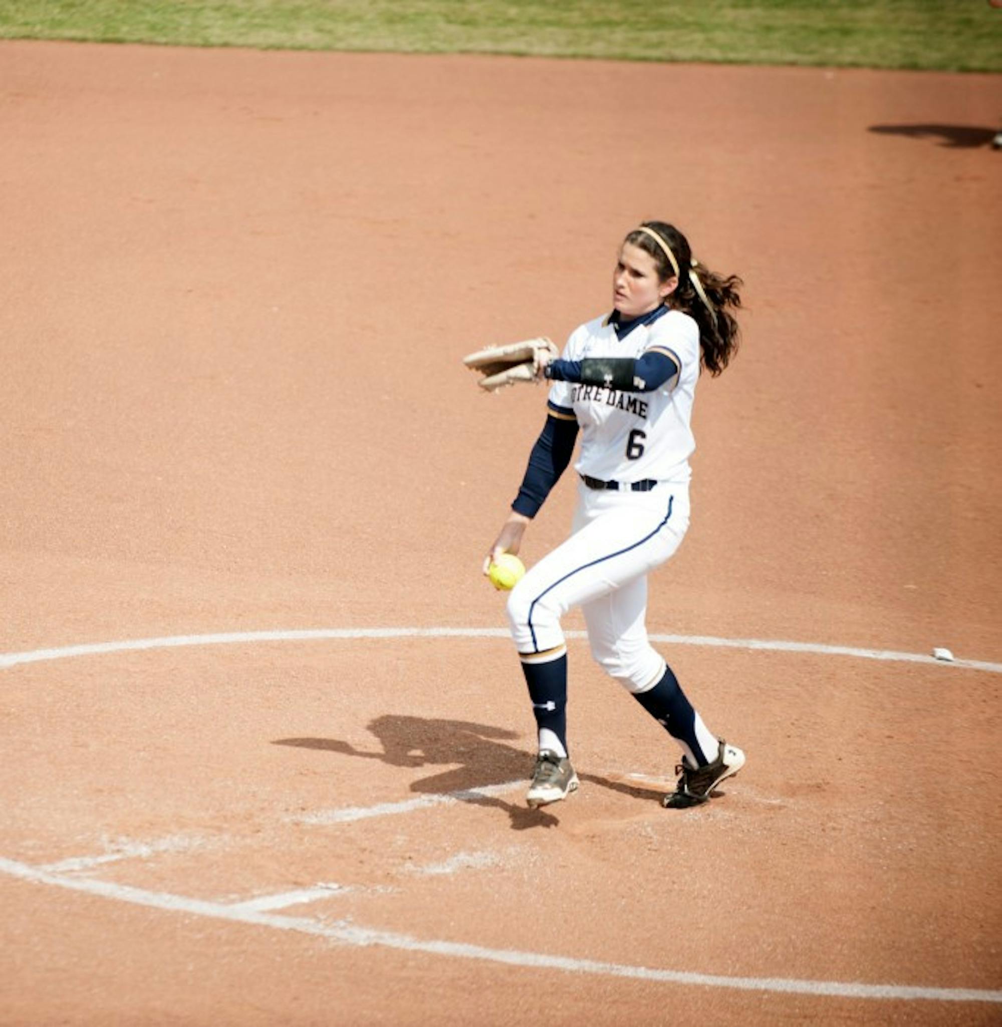 Irish junior pitcher Rachel Nasland delivers a pitch during Notre Dame’s 6-1 win over Georgia Tech on March 21.