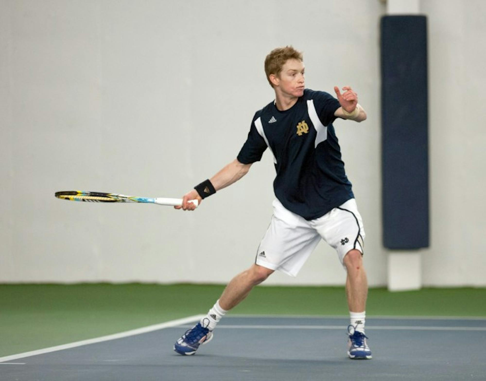 Irish sophomore Josh Hagar sets up to return a volley during Notre Dame’s 4-3 win over Kentucky on Feb. 2 at Eck Tennis Center.