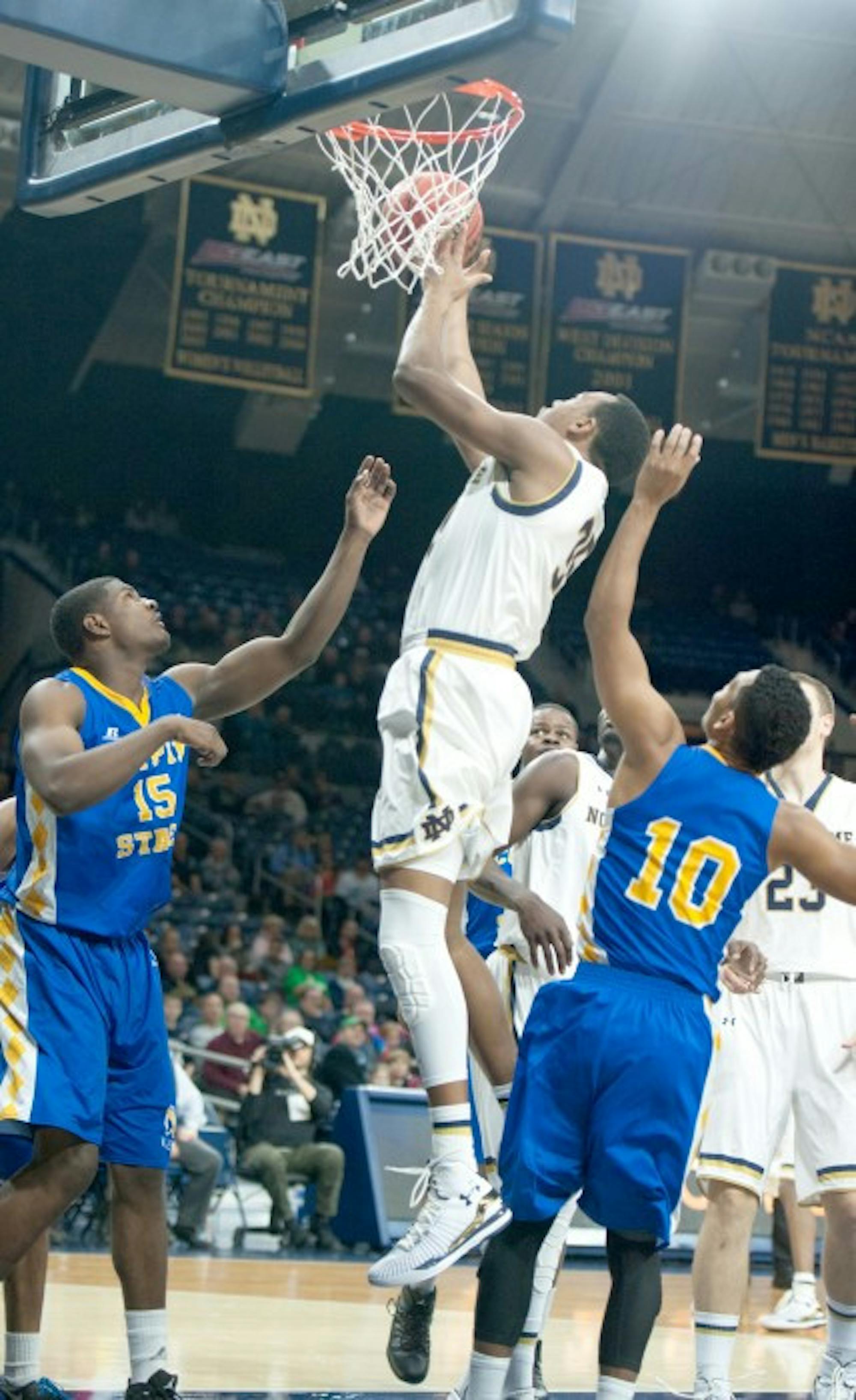 Irish freshman forward Bonzie Colson snags a rebound during Notre Dame’s 104-67 win over Coppin State on Nov. 19 at Purcell Pavilion.