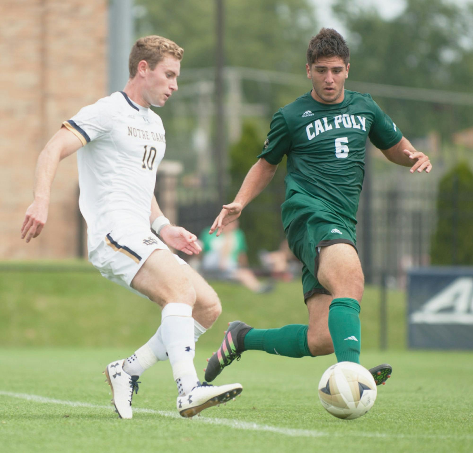Irish senior forward Jon Gallagher takes on a Cal Poly opponent during Notre Dame's Mike Berticelli Memorial Tournament on Aug. 25 at Alumni Stadium. The Irish won 2-1 in double overtime.