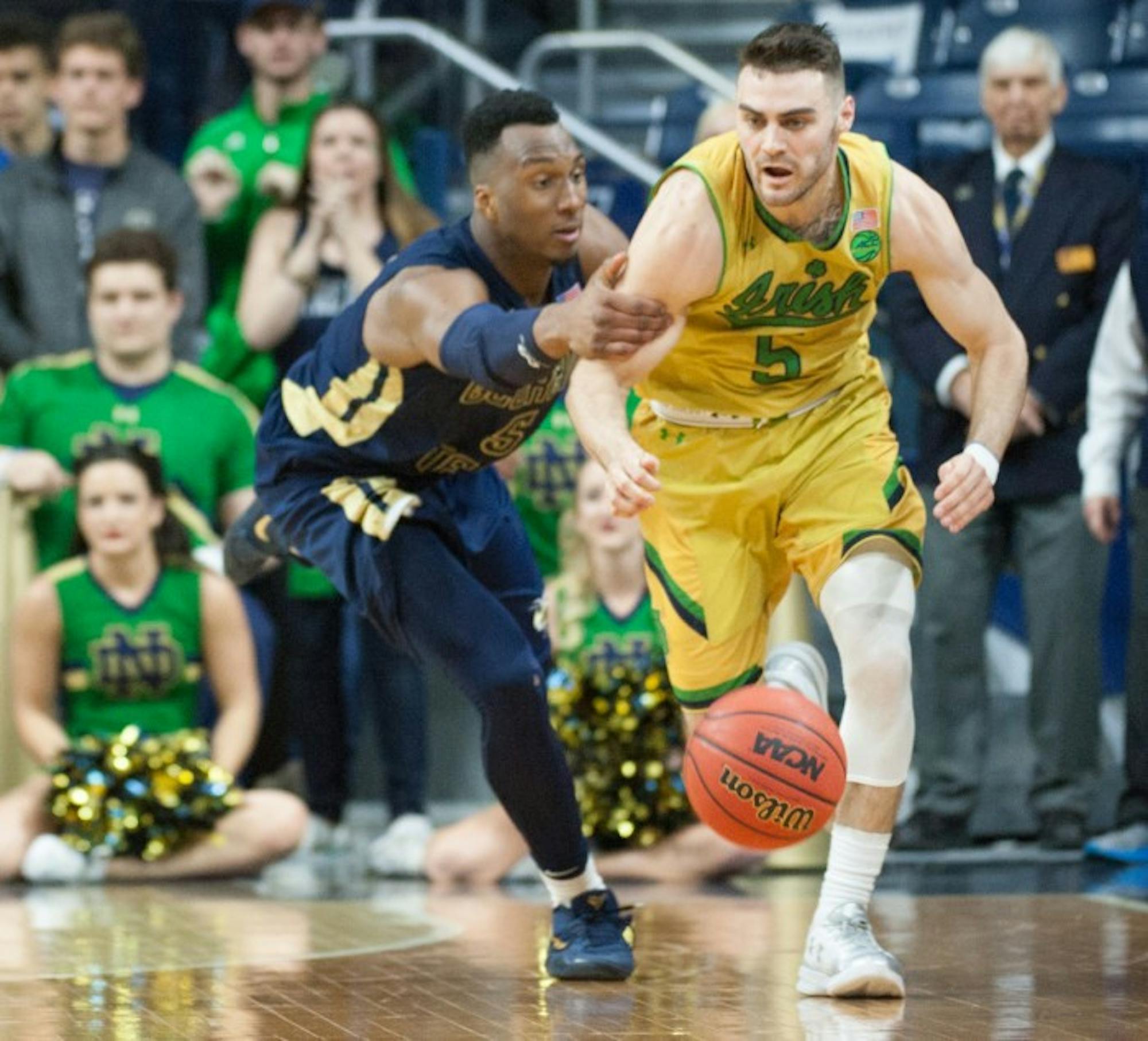 Irish junior guard Matt Farrell brushes past a defender during Notre Dame’s 64-60 win over Georgia Tech on Feb. 26 at Purcell Pavilion.