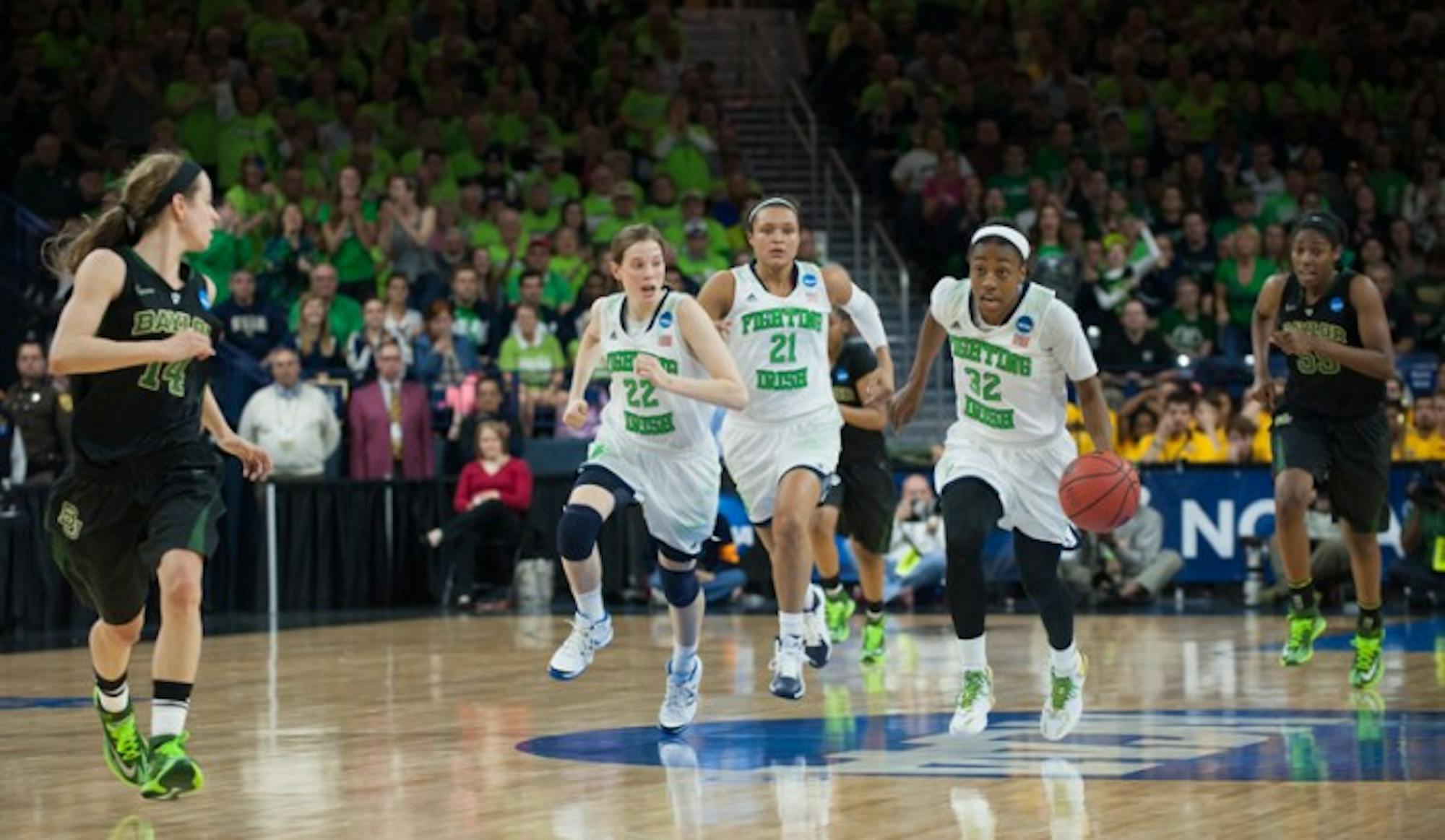 Irish sophomore guard Jewell Loyd races down the court on a fast break during Notre Dame's 88-69 victory over Baylor in the Elite Eight on Monday night. Loyd scored 30 points to lead Notre Dame.