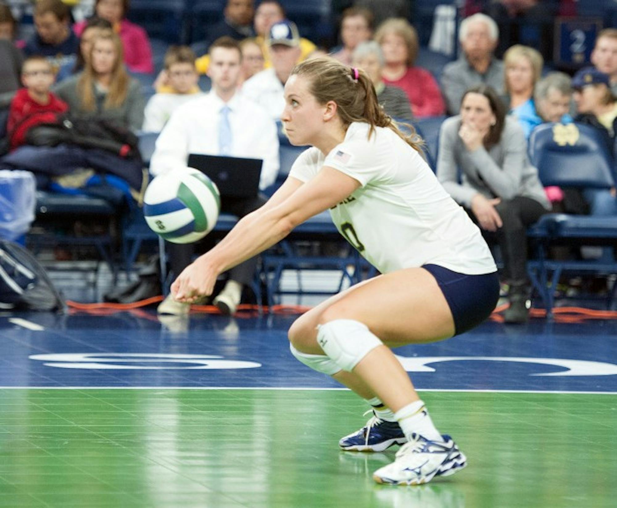 Irish senior libero Kathleen Severyn digs the ball during Notre Dame’s 3-0 loss to Pittsburgh on Friday at Purcell Pavilion.