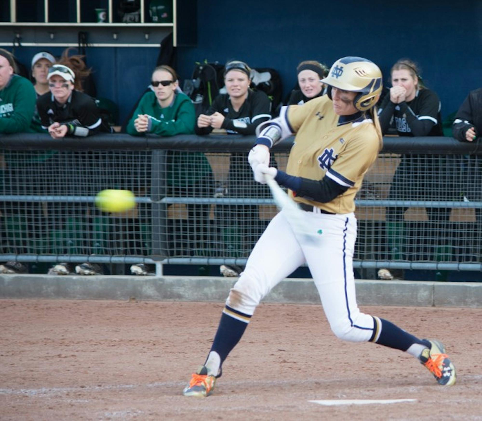 Irish junior center fielder Karley Wester swings at an approaching pitch during Notre Dame's 10-2 win over Eastern Michigan at Melissa Cook Stadium on March 22. She leads the team with 55 hits.