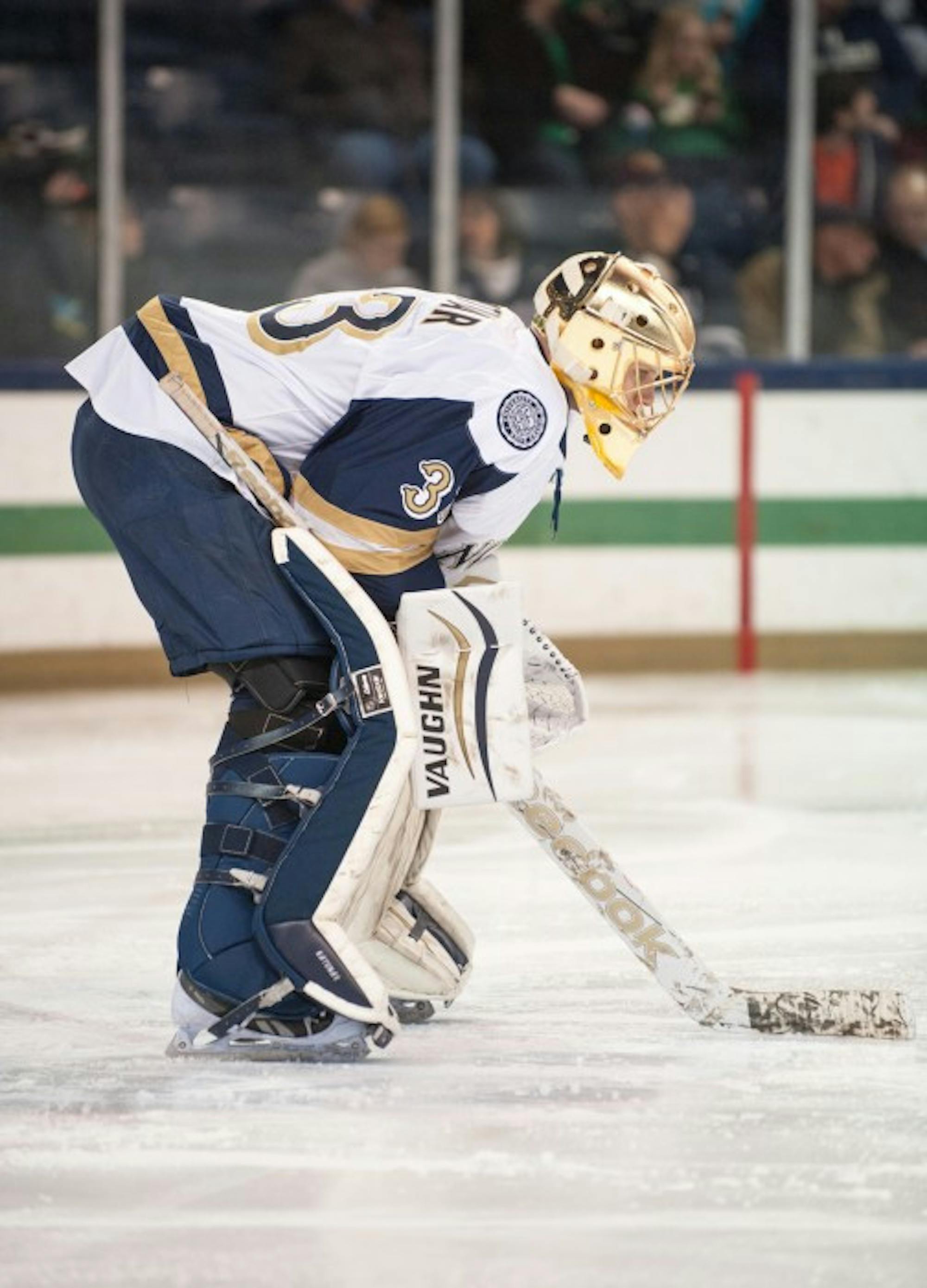 Sophomore Chad Katunar guards the goal against New Hampshire on Jan. 30. The Irish sit at 12-14-4 overall this season.