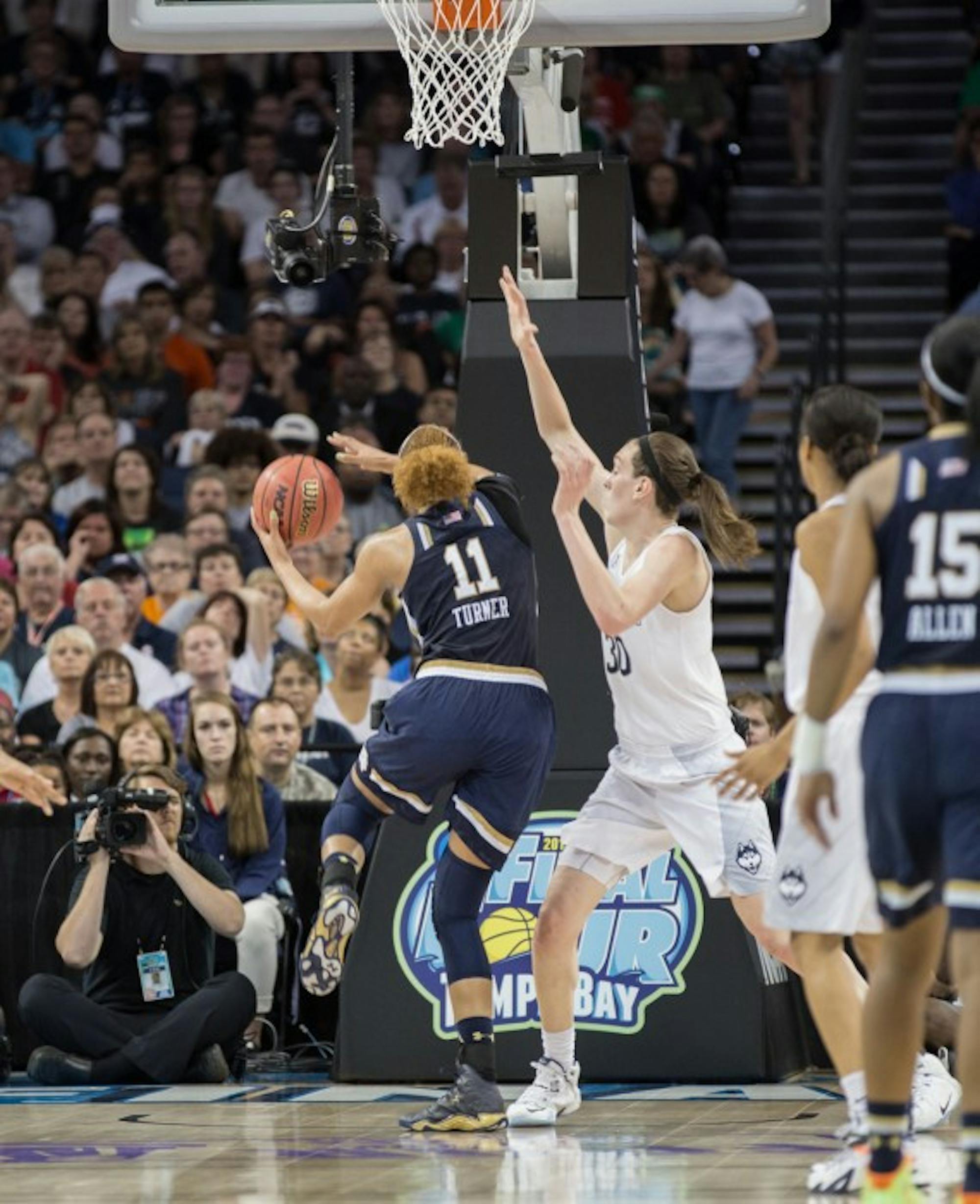 Sophomore Briana Turner goes up for a layup during Notre Dame’s 63-53 loss to UConn on April 7 in Tampa, Florida.