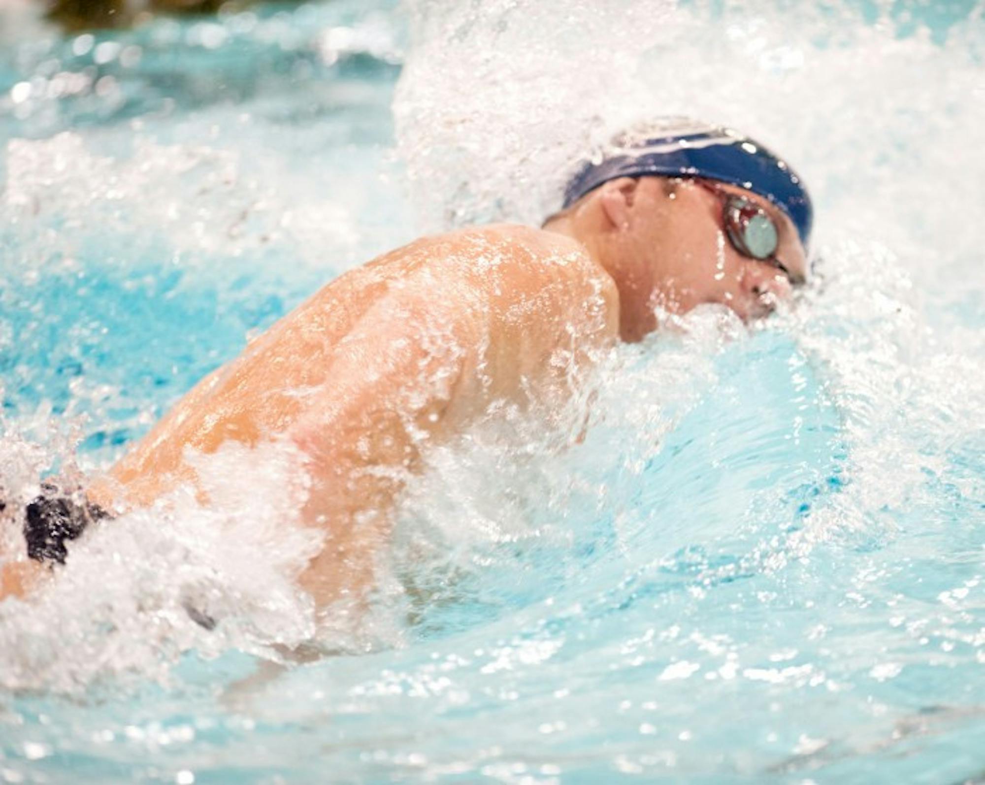 Irish senior John Nappi races in the 500-yard freestyle event Jan. 31, 2014, during  the 2014 Shamrock Invitational at Rolfs Aquatic Center. Nappi won the 1650-yard swim last weekend in a pool-record time.