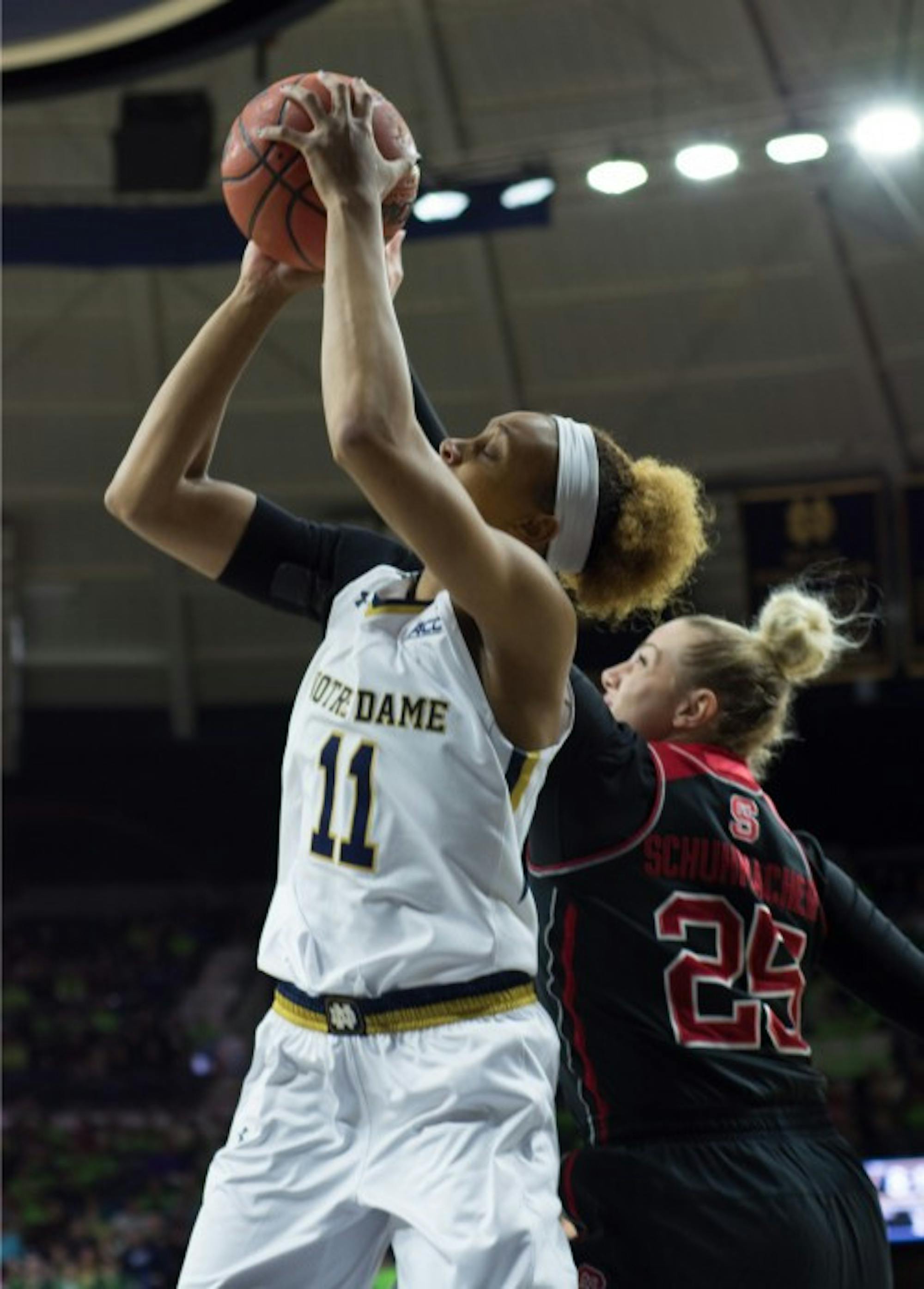 Sophomore forward Brianna Turner shoots the ball during Notre Dame’s victory over NC State on Thursday at Purcell Pavilion.