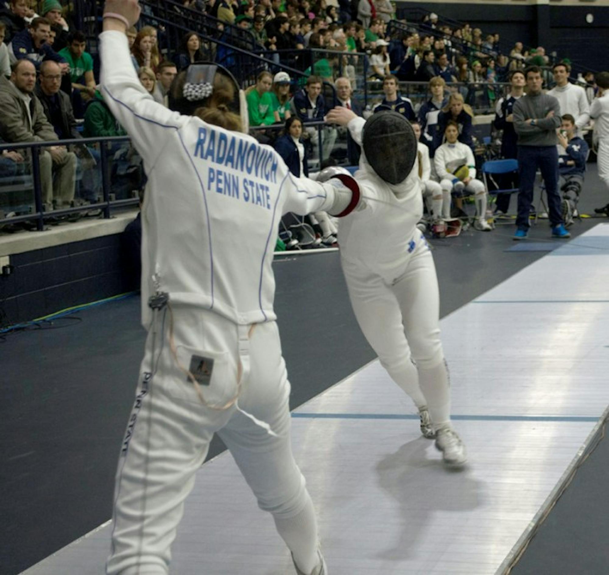 Irish sophomore fencer Lee Kiefer, right, competes during the DiCicco Duals at the Castellan Family Fencing Center on Feb. 8.