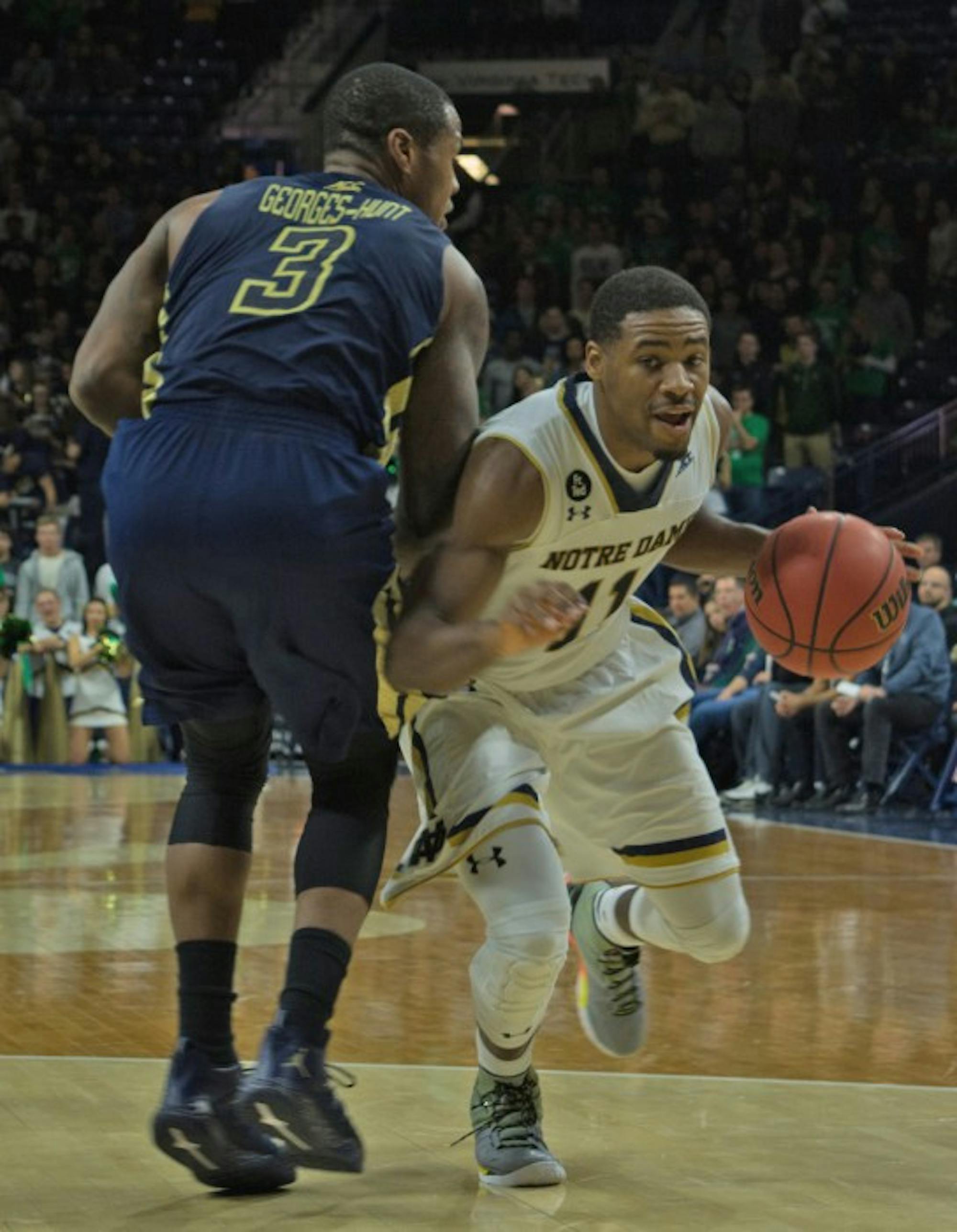 Irish junior guard Demetrius Jackson drives during Notre Dame’s 72-64 win over Georgia Tech at Purcell Pavilion on Wednesday.