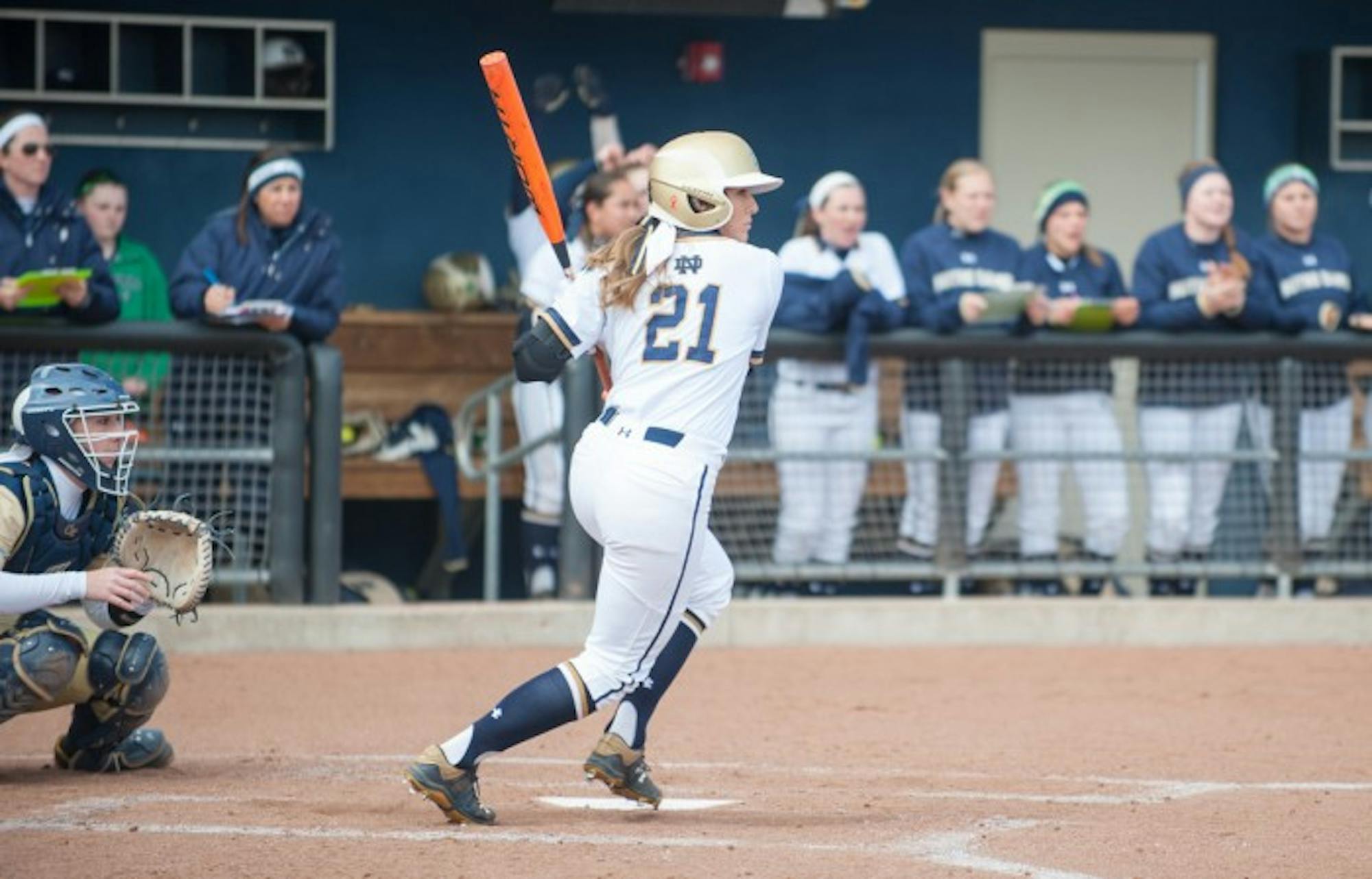 Sophomore outfielder Karley Wester takes off after putting the ball in play during Notre Dame’s 6-1 win over Georgia Tech on March 21.