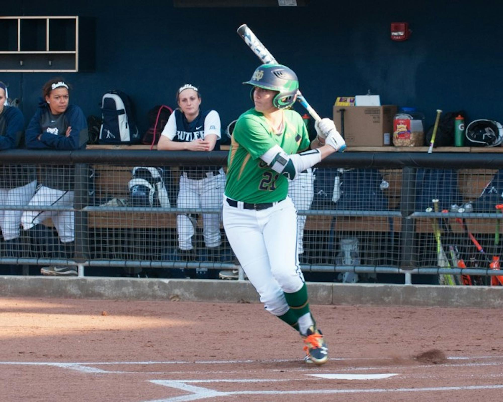 Irish junior outfielder Karley Wester slaps a single during Notre Dame’s 5-0 win over Butler at Melissa Cook Stadium on April 14.