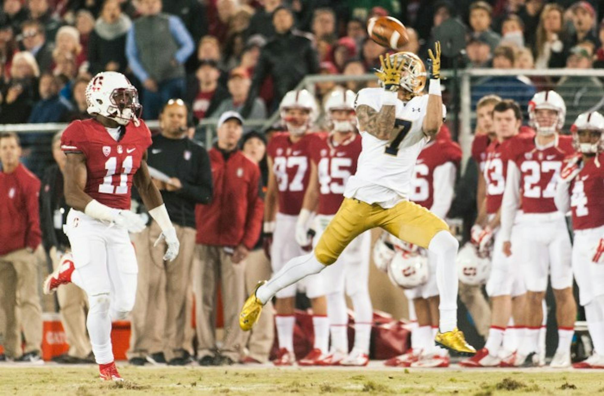 Irish junior receiver Will Fuller catches his 73-yard touchdown reception Saturday at Stanford.