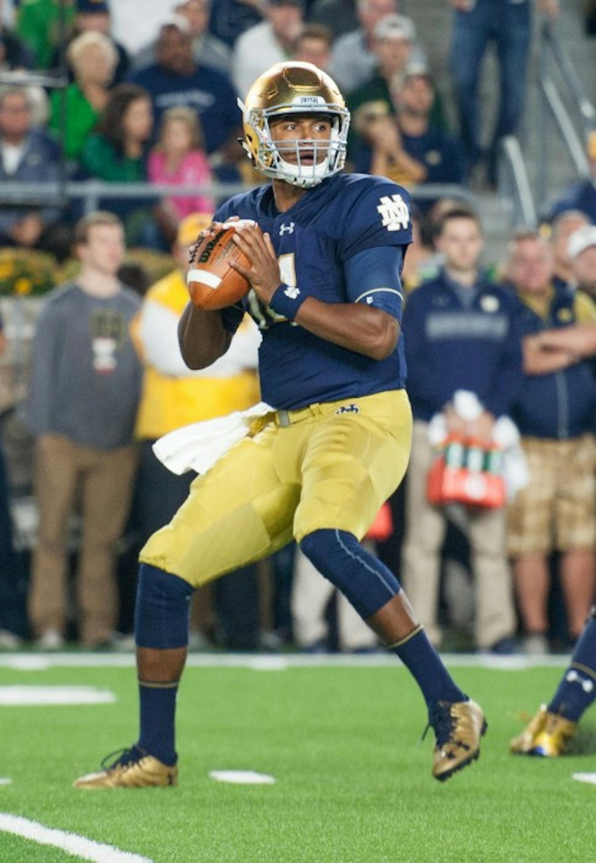 Irish junior quarterback DeShone Kizer drops back and loads to throw during Notre Dame’s 17-10 loss to Stanford at Notre Dame Stadium on Oct. 15.