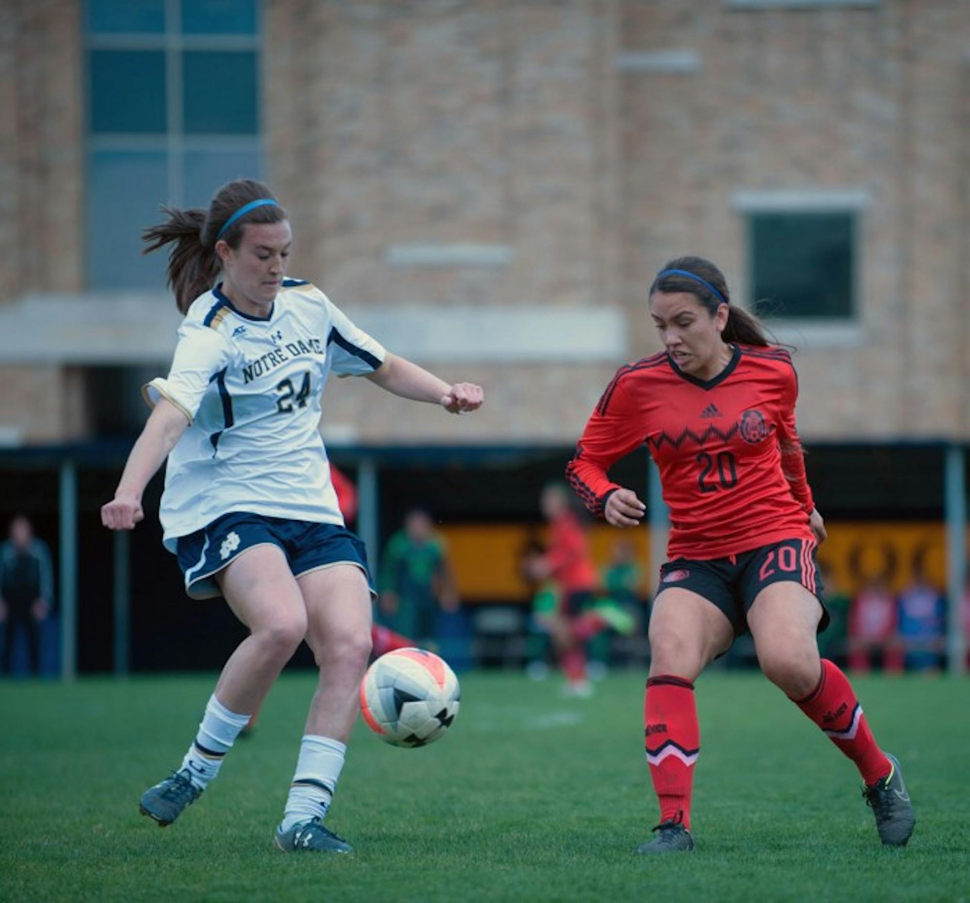 Irish captain and senior defender Katie Naughton picks a pass during Notre Dame’s 4-1 win over the Mexico U-20 National Team on April 24 at Alumni Stadium. Naughton has scored one goal this season.