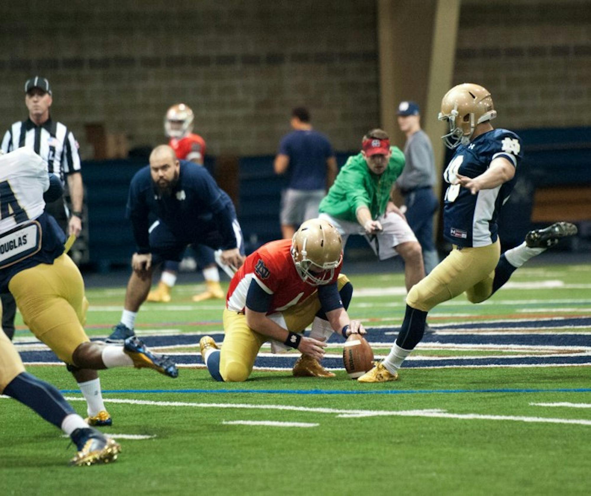 Irish sophomore kicker Justin Yoon attempts a field goal during Notre Dame's spring practice session Saturday at Loftus Sports Center.