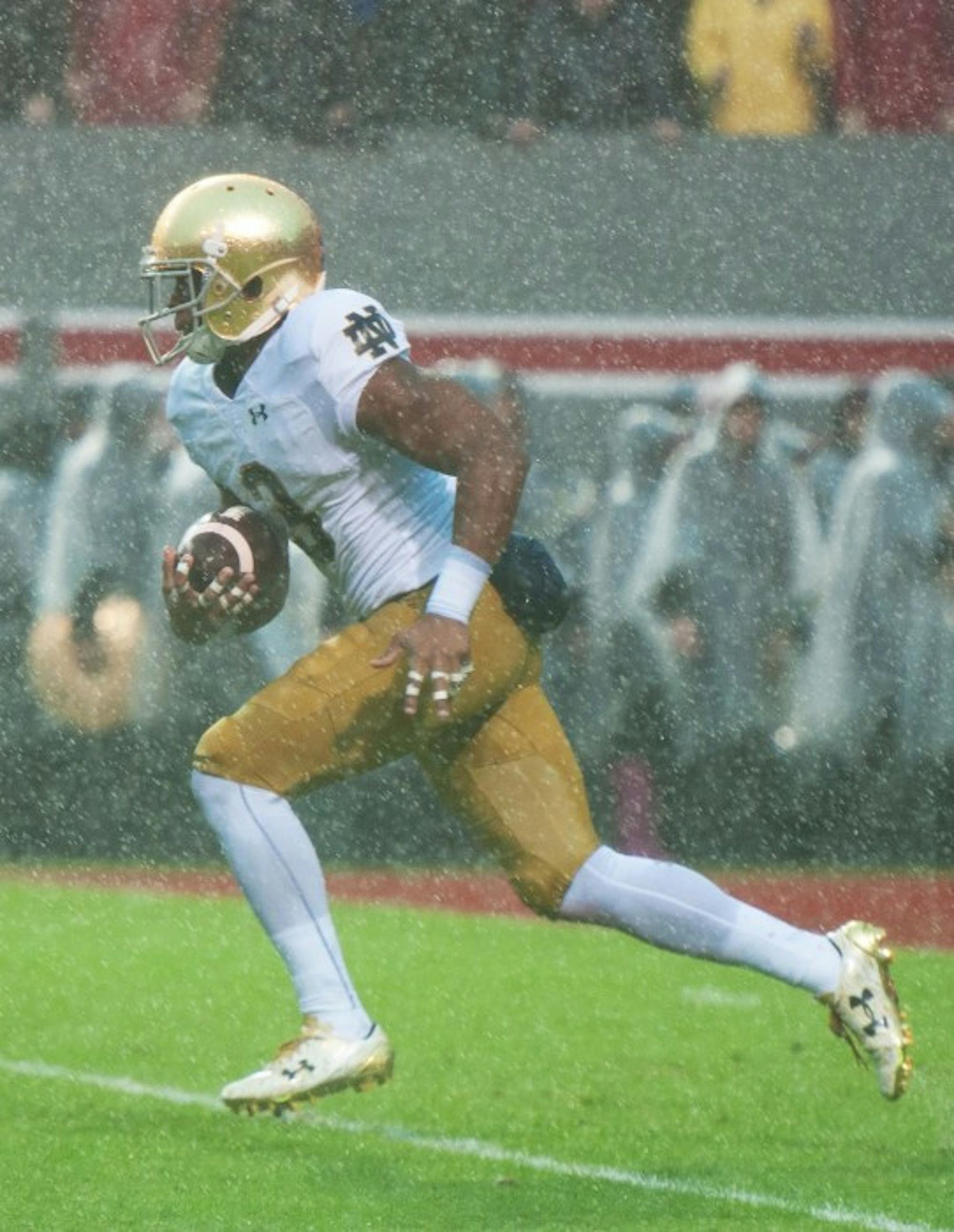 Irish sophomore C.J. Sanders returns a punt during Notre Dame's 10-3 loss to North Carolina State on Saturday.