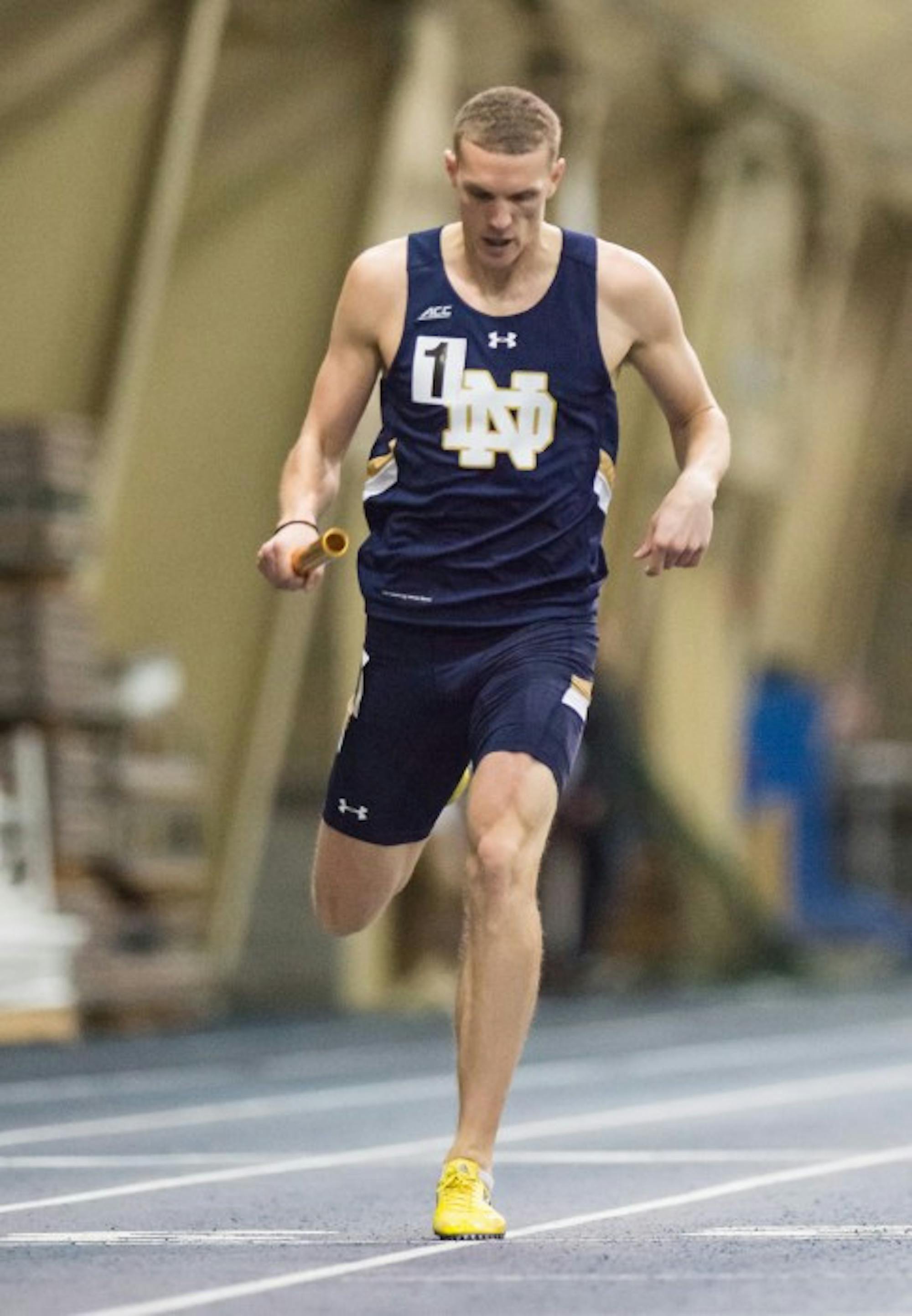 Volunteer track coach and former Irish sprinter Chris Giesting runs in the Notre Dame Invitational at Meyo Field on Jan. 24, 2015. Geisting is attempting to qualify for the 2016 Olympics in Rio de Janeiro.