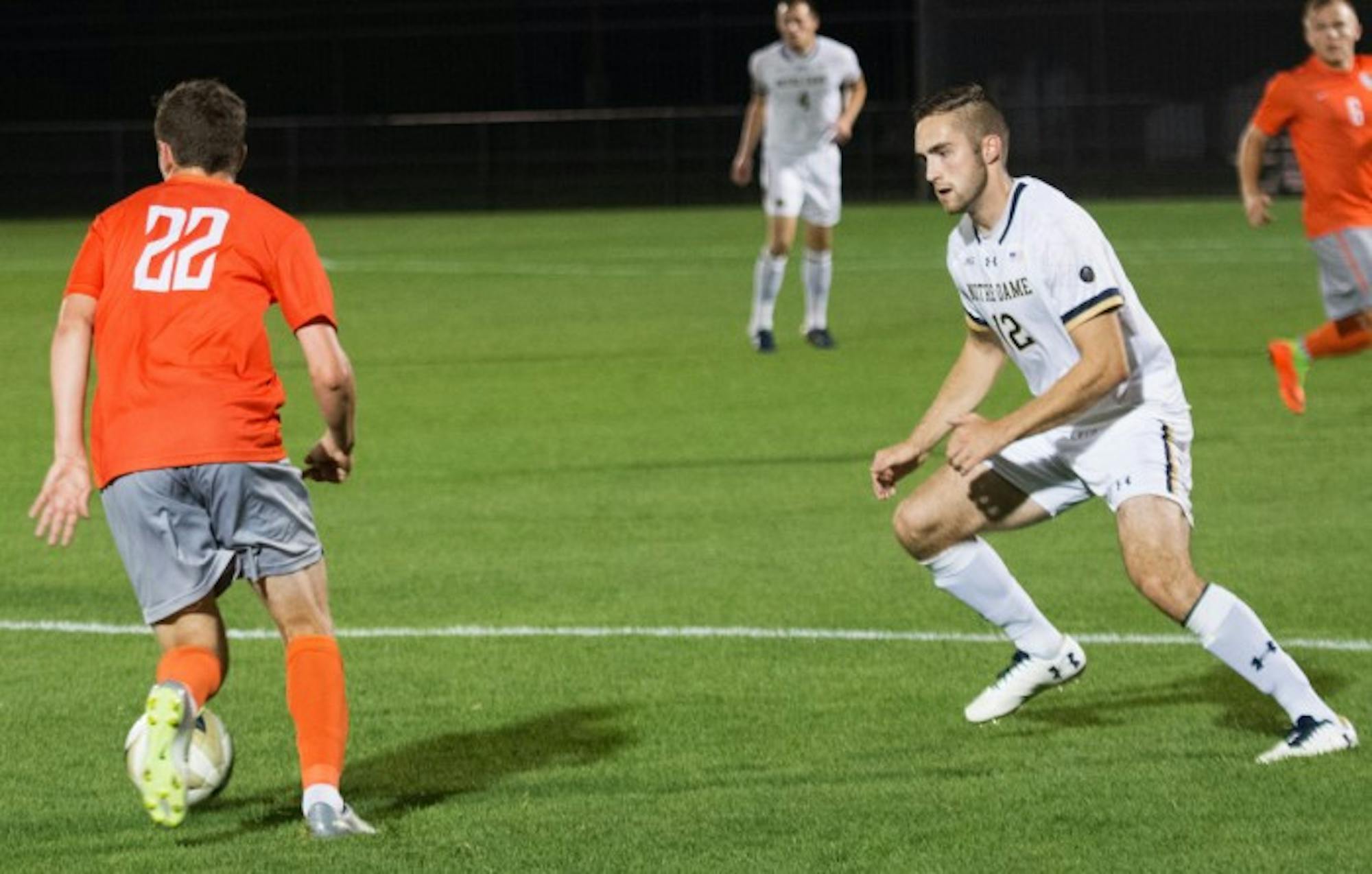 Irish senior midfielder Kyle Dedrick attempts to cut off an opponent during Notre Dame’s 2-1 win over Bowling Green on Sept. 19 at Alumni Stadium. Dedrick took one shot during the game.