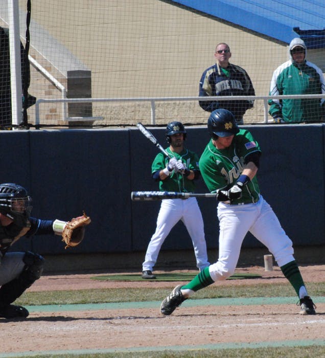 Irish senior catcher Forrest Johnson takes an at-bat during  Notre Dame’s 10-6 loss to Villanova on April 7th of last season.