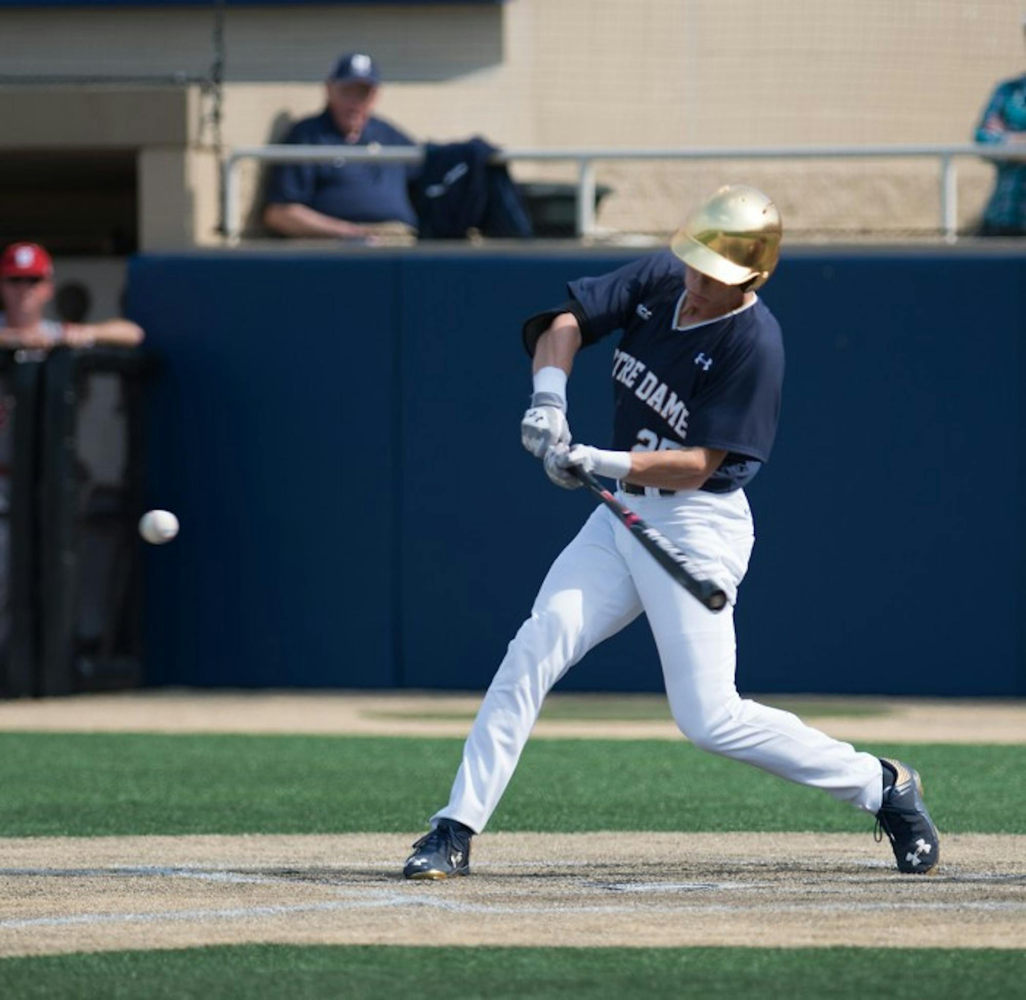 Senior outfielder Robert Youngdahl offers at a pitch Sunday  during Notre Dame’s doubleheader against North Carolina State.