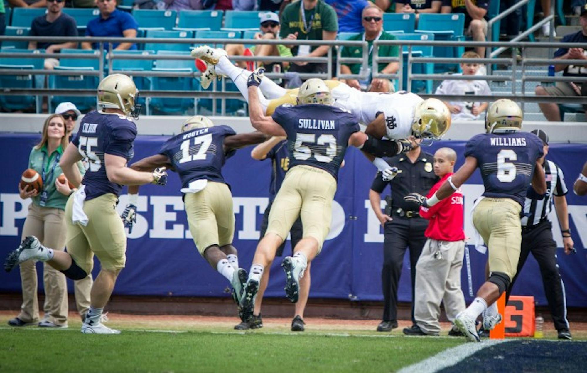 Equanimeous St. Brown completes a 13 yard touchdown by leaping headfirst over the Navy defense.