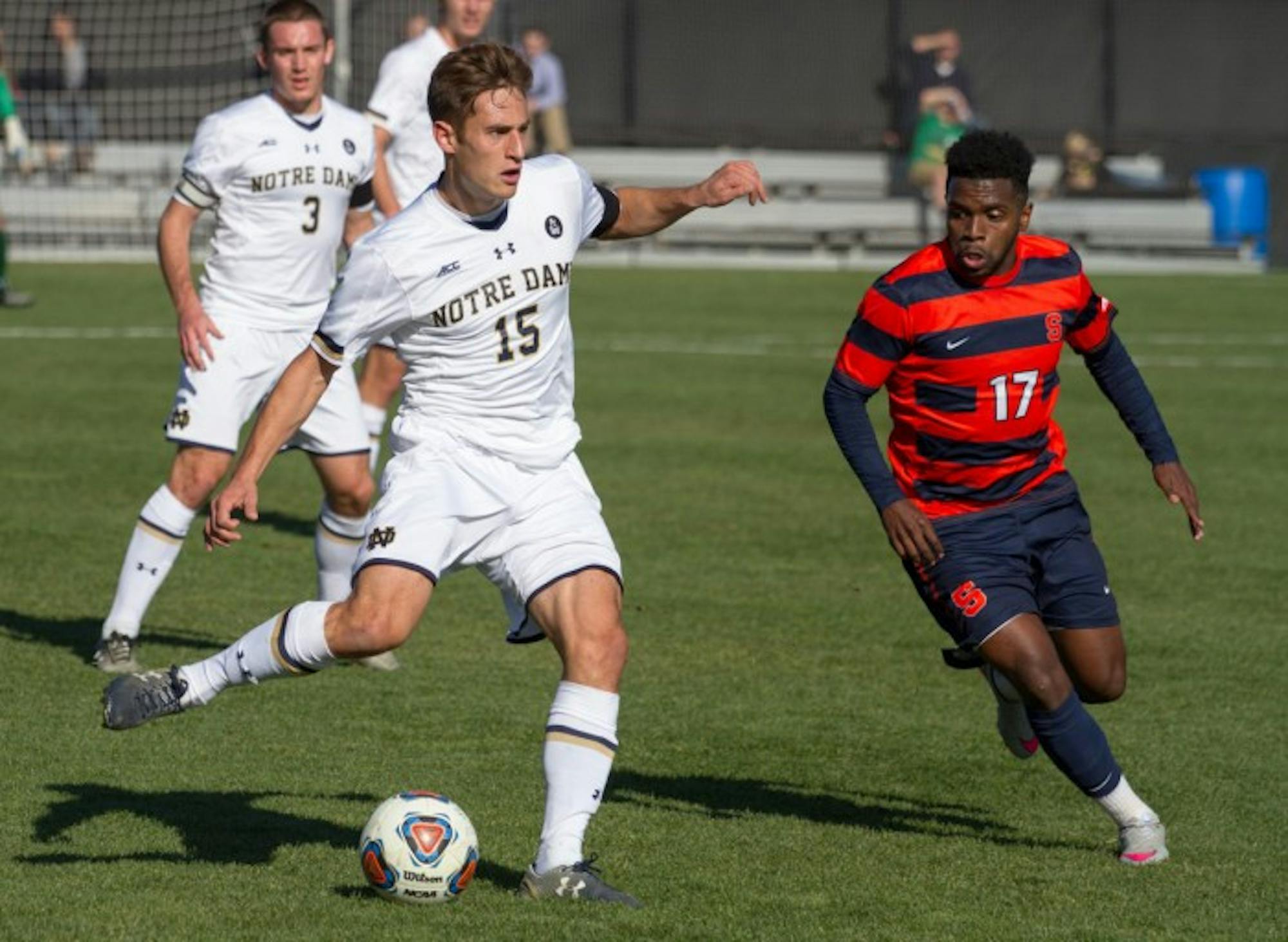 Senior midfielder Evan Panken looks to pass during Notre Dame’s 1-0 loss to Syracuse on Nov. 15 at Alumni Stadium. Panken had one assist in Saturday’s loss to Maryland.