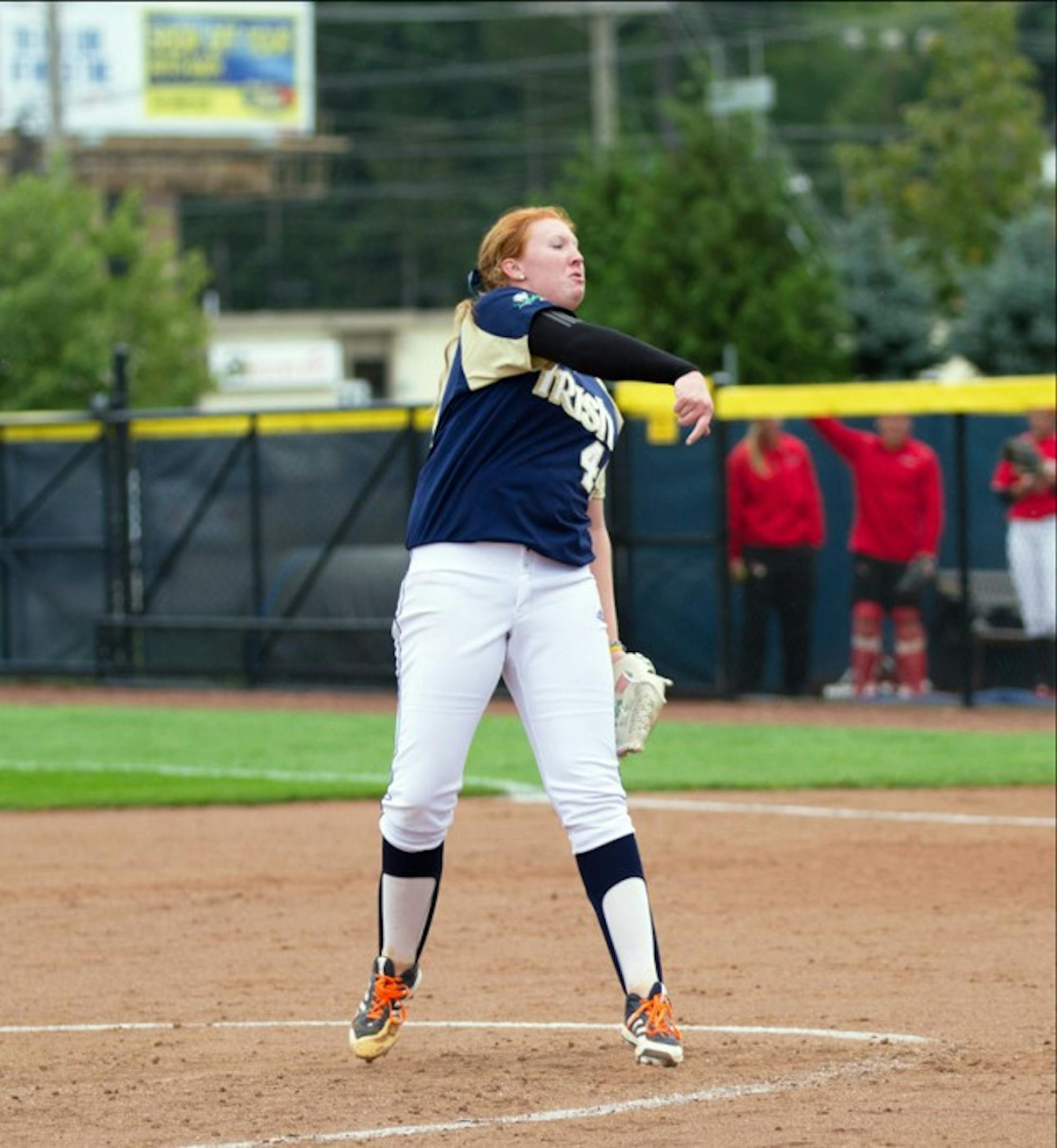 Irish senior pitcher Laura Winter follows through after throwing a pitch in a Sept. 15 scrimmage against Illinois State.