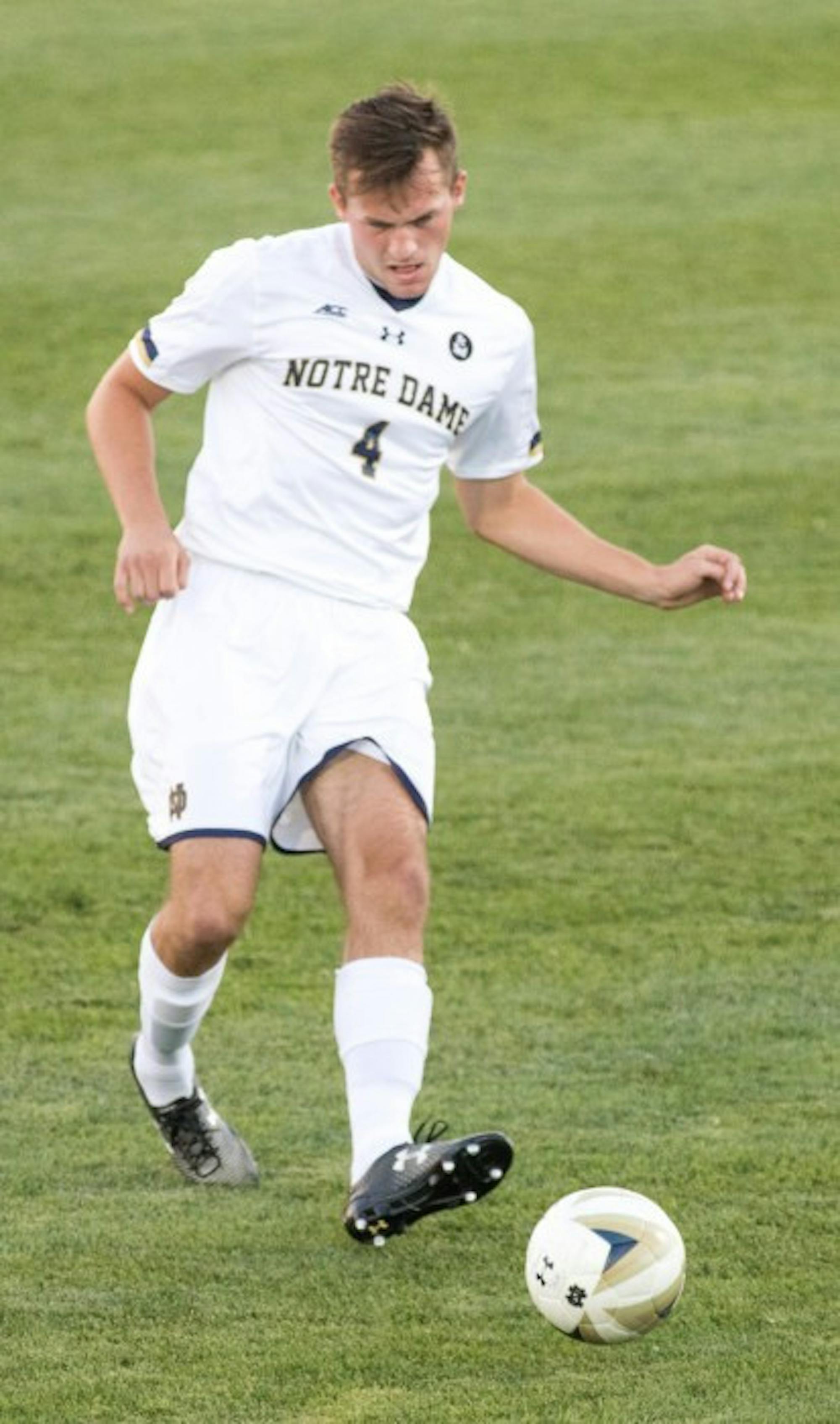 Irish junior defender Matt Habrowski pushes the ball during Tuesday night's 1-0 loss to Xavier at Alumni Stadium.