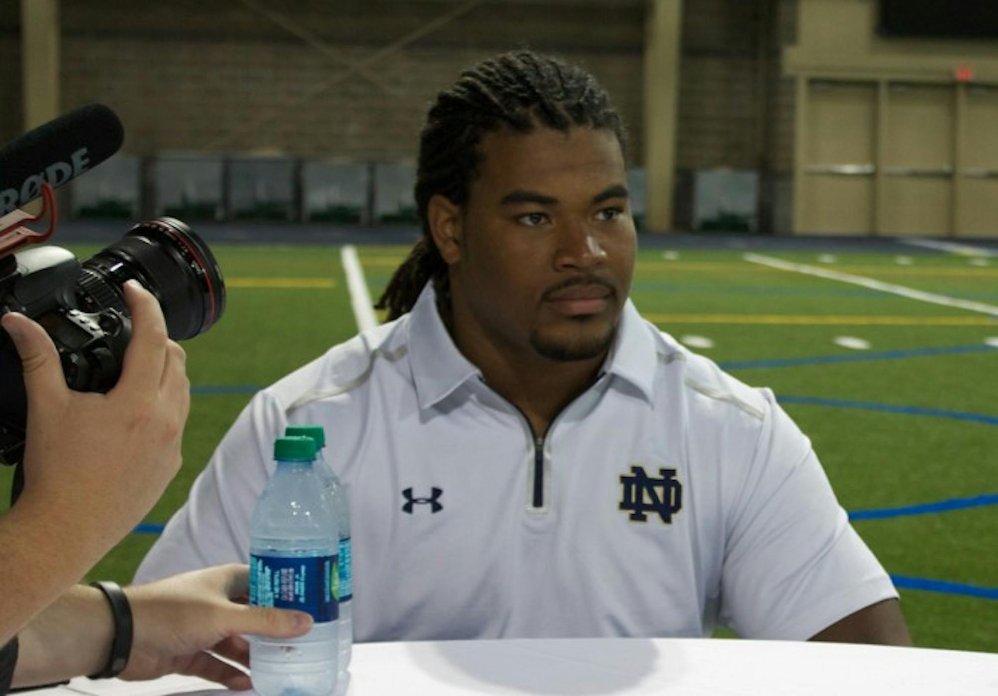 Irish junior defensive end Sheldon Day listens to a reporter during Notre Dame’s media day on Aug. 19. Day was named as one of four Irish captains by coach Brian Kelly.