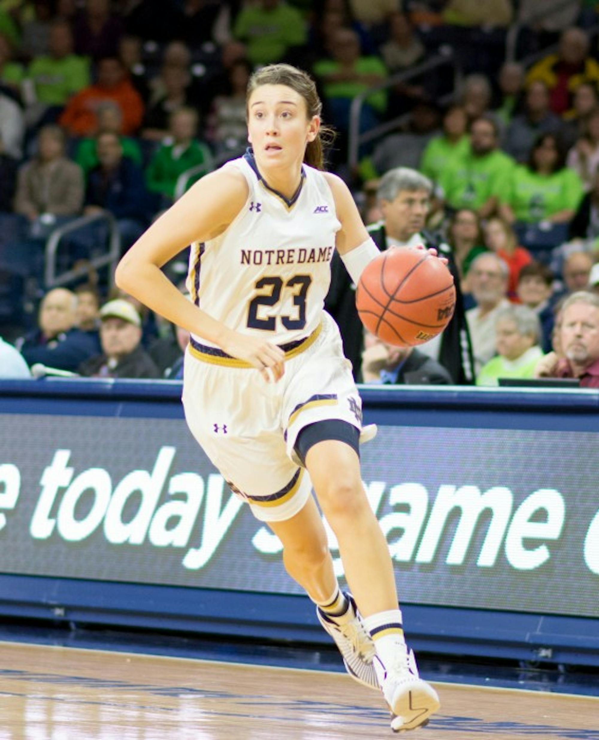 Irish junior guard Michaela Mabrey looks downcourt during Notre Dame’s 92-32 victory over Ferris State on Wednesday night. Mabrey recored 12 points and one steal against the Bulldogs.