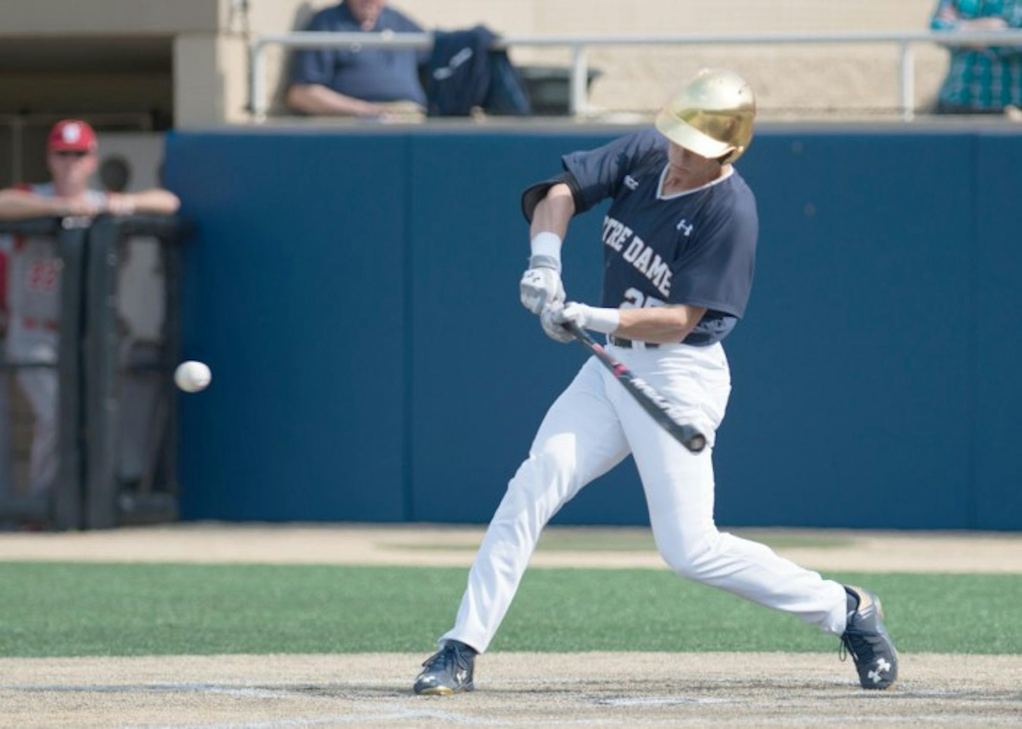 Irish senior outfielder Robert Youngdahl looks to connect on a pitch during a 4-2 loss to North Carolina State at Frank Eck Stadium on April 18. Youngdahl is second on the team with 26 runs batted in.