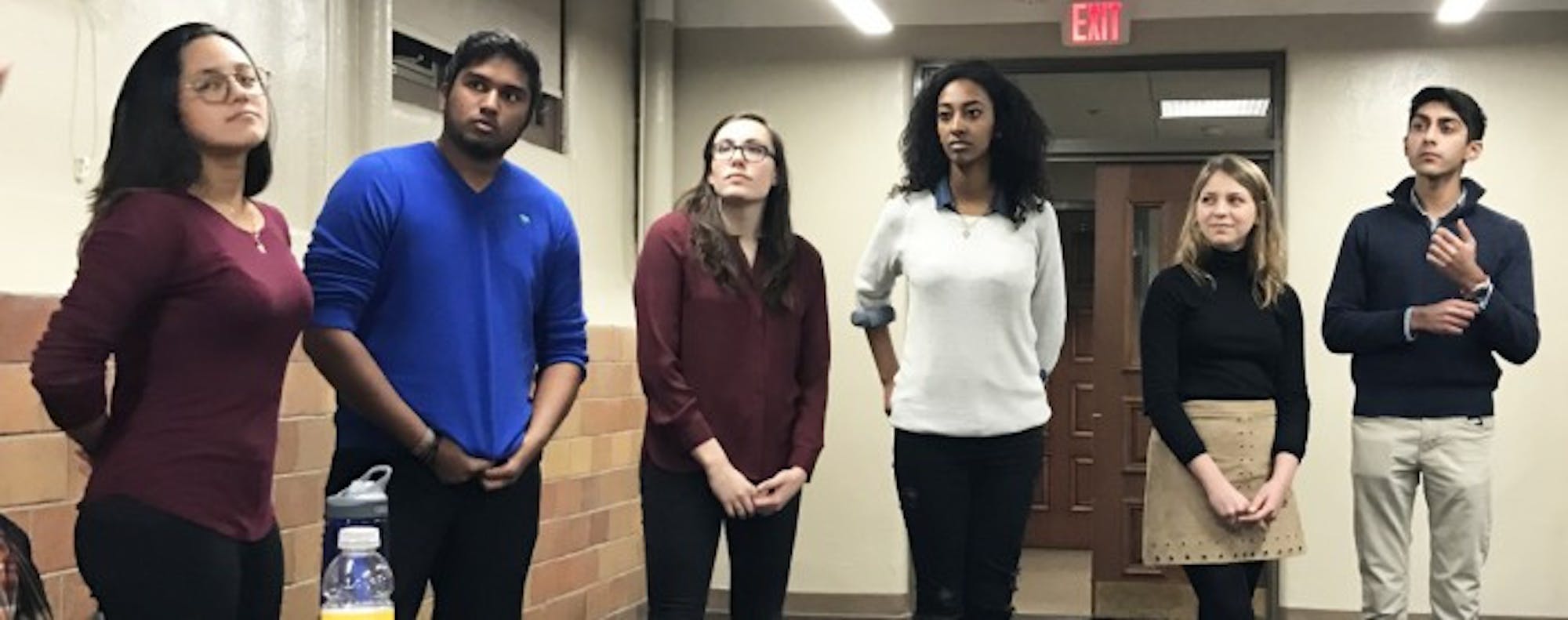 Candidates and campaign managers answer questions at We Stand For's panel Thursday night. Pictured, from Left to Right: Daniela Naramatsu, Rohit Fonseca and Madi Purrenhage; and Sibonay Shewit, Becca Blais and Prathm Juneja.
