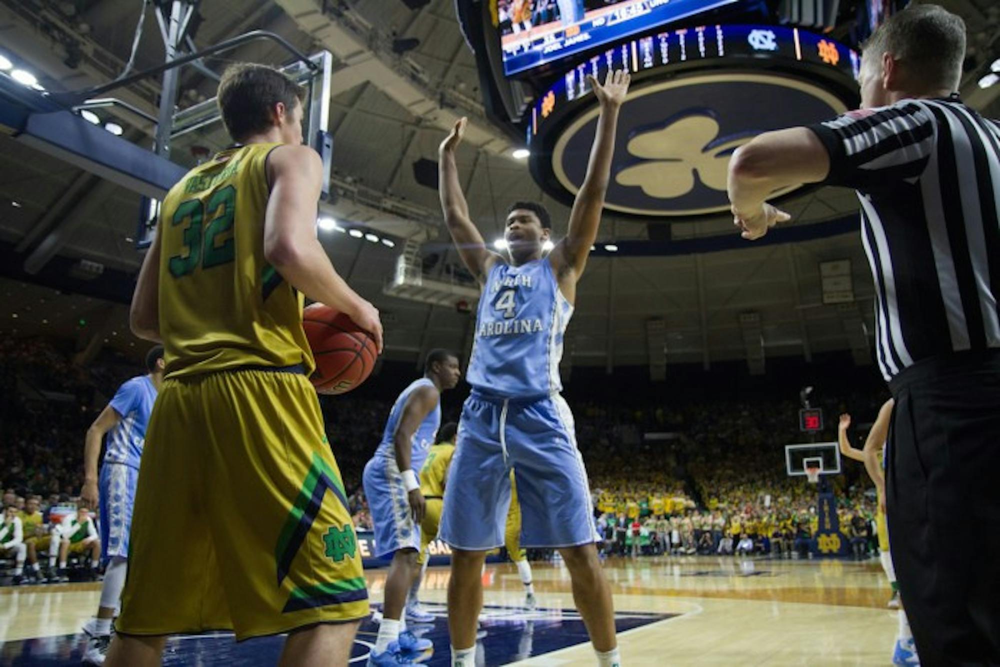 Irish junior guard Steve Vasturia looks to inbound the ball during Notre Dame’s 80-76 win over No. 2 North Carolina on Saturday night at Purcell Pavilion.