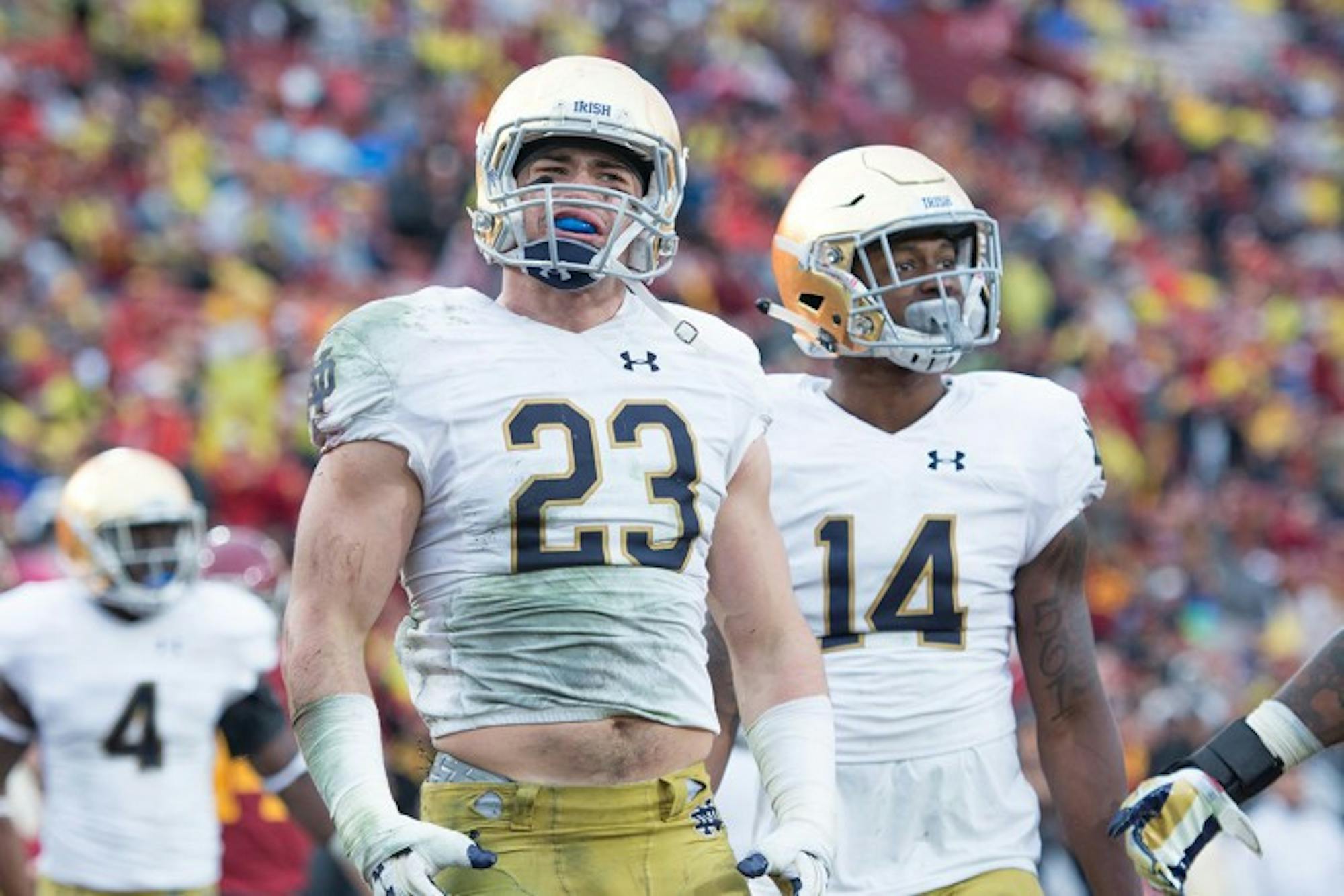 Irish junior safety Drue Tranquill looks to the sidelines following a pass interference call during Notre Dame's 45-27 loss to USC on Saturday at Los Angeles Memorial Coliseum.
