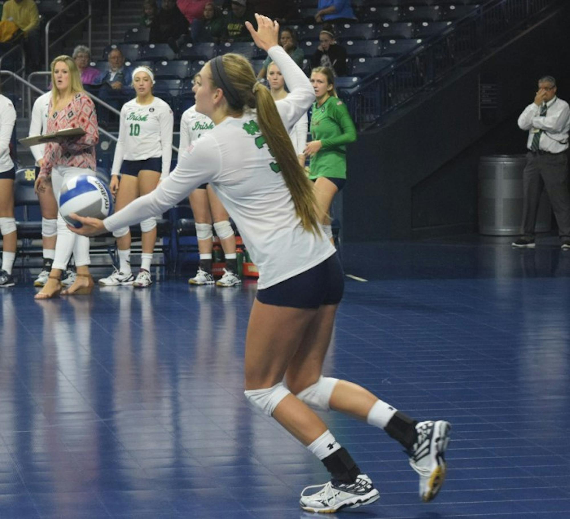 Irish sophomore outside hitter Sam Fry winds up for a serve during Notre Dame’s 3-1 victory over Mississippi State on Sept. 11.