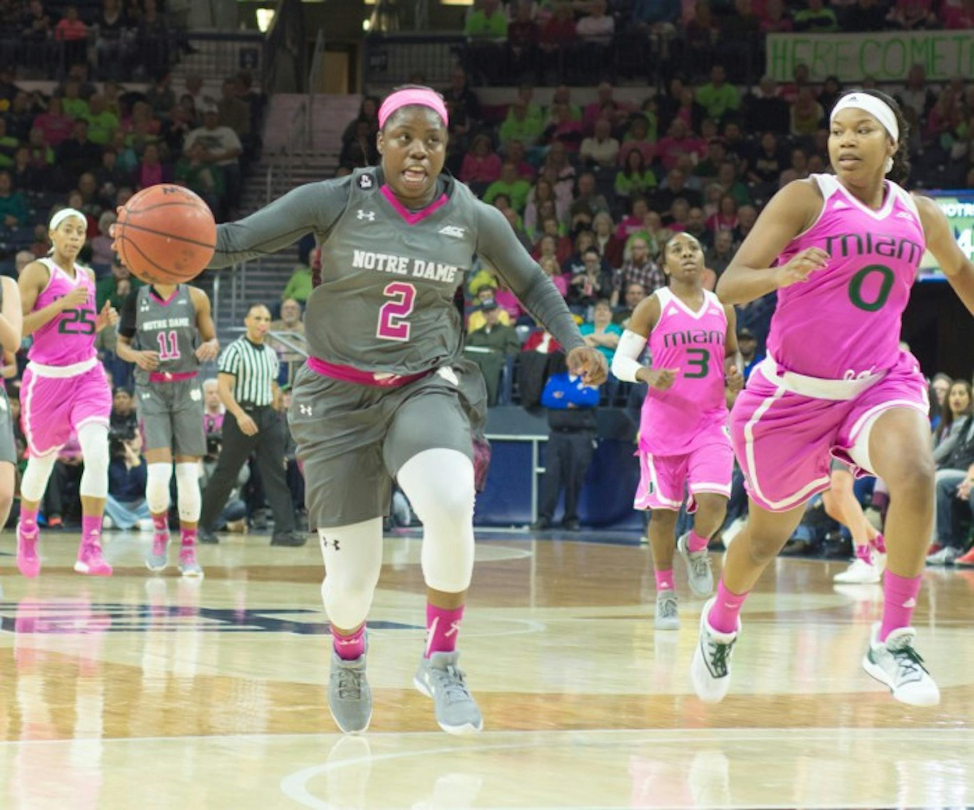 Freshman guard Arike Ogunbowale drives to the basket during Notre Dame’s 90-69 victory over Miami at Purcell Pavilion on Feb. 14. Ogunbowale scored 11 points for the Irish during their win against Florida State.