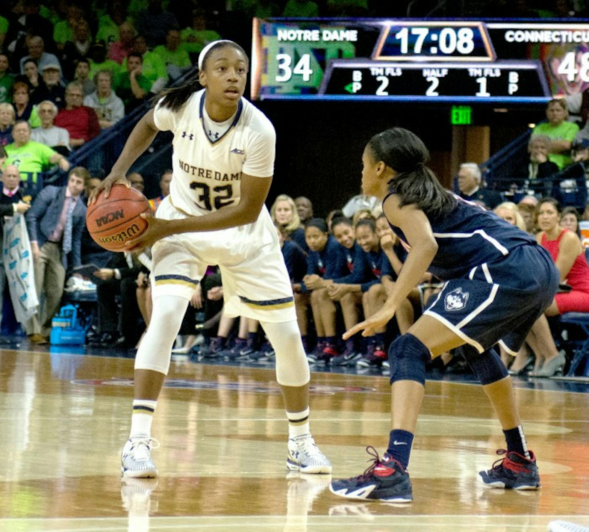Irish junior guard Jewell Loyd scans the court during Saturday's 76-58 loss to Connecticut in the Purcell Pavilion. Loyd tied her career high with 31 points against the Huskies.