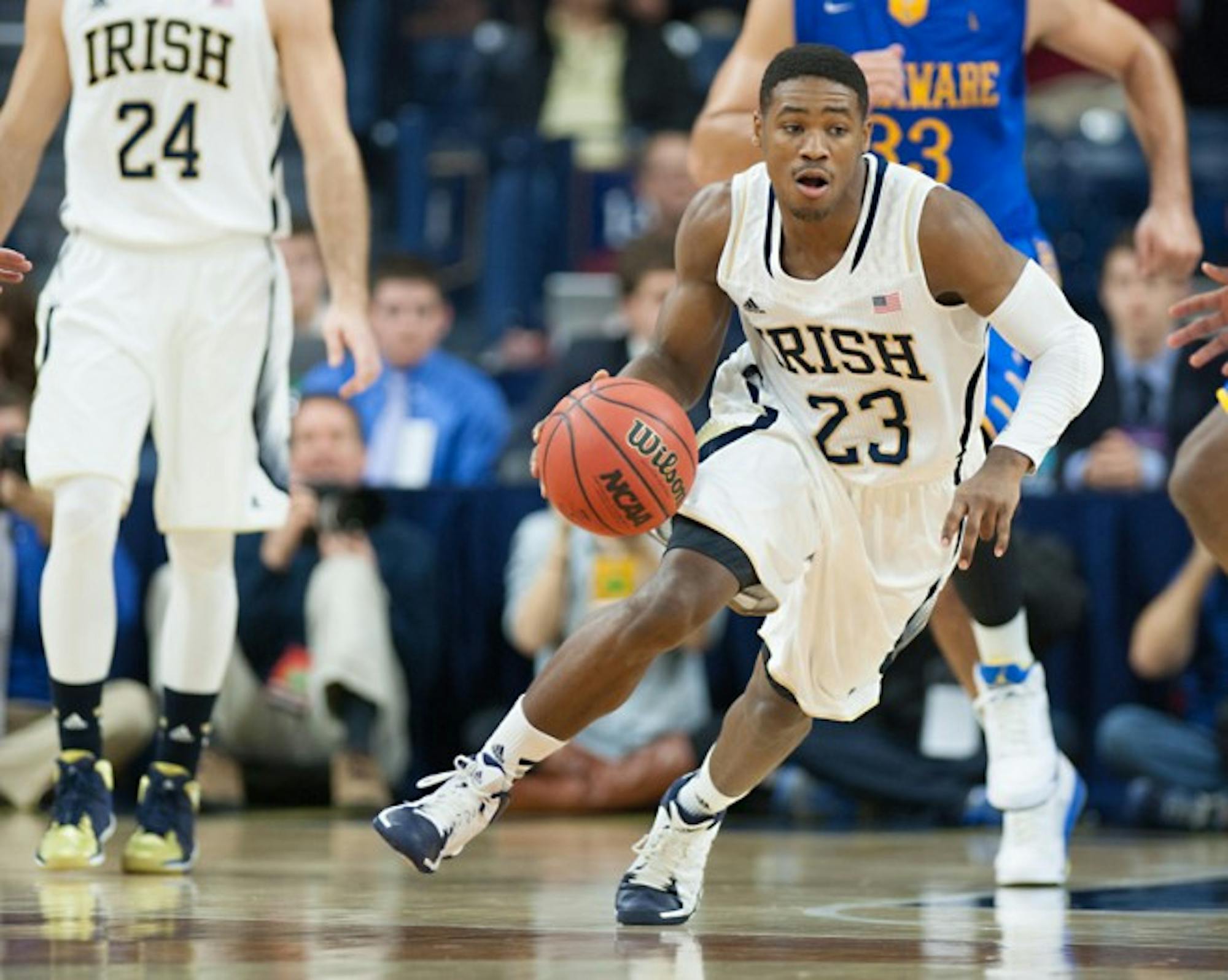 Irish freshman guard Demetrius Jackson dribbles the ball during Notre Dame’s 80-75 victory over Delaware in the Purcell Pavilion on Dec. 7. Jackson had six points and three assists during Wednesday’s loss to Maryland.